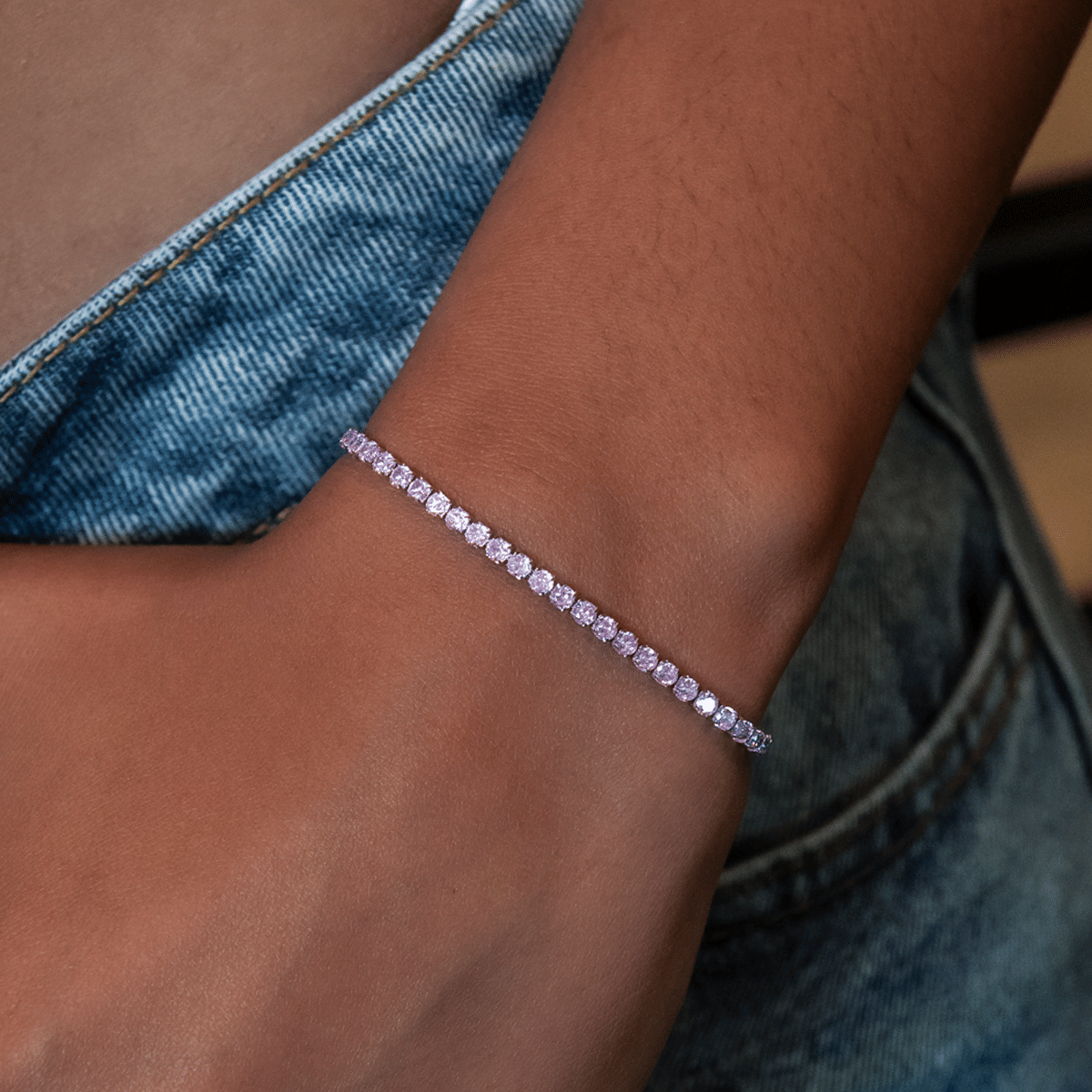 GLD Women Pink Diamond Micro Tennis Necklace + Bracelet Bundle in White Gold