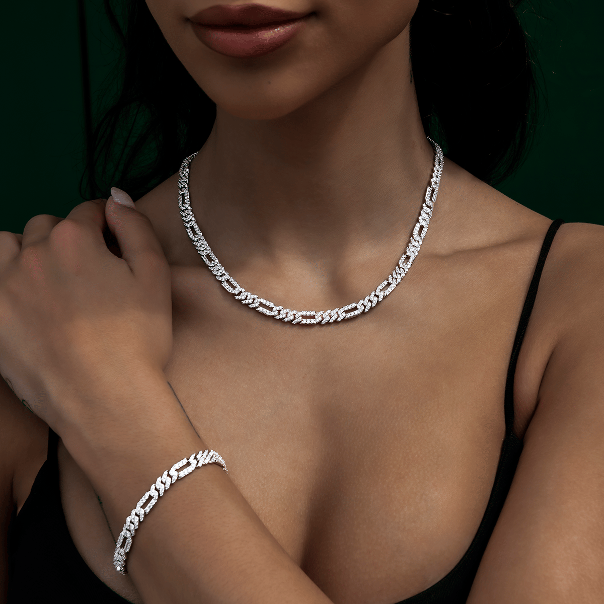 GLD Women Diamond Figaro Necklace + Bracelet Bundle in White Gold - 6 mm