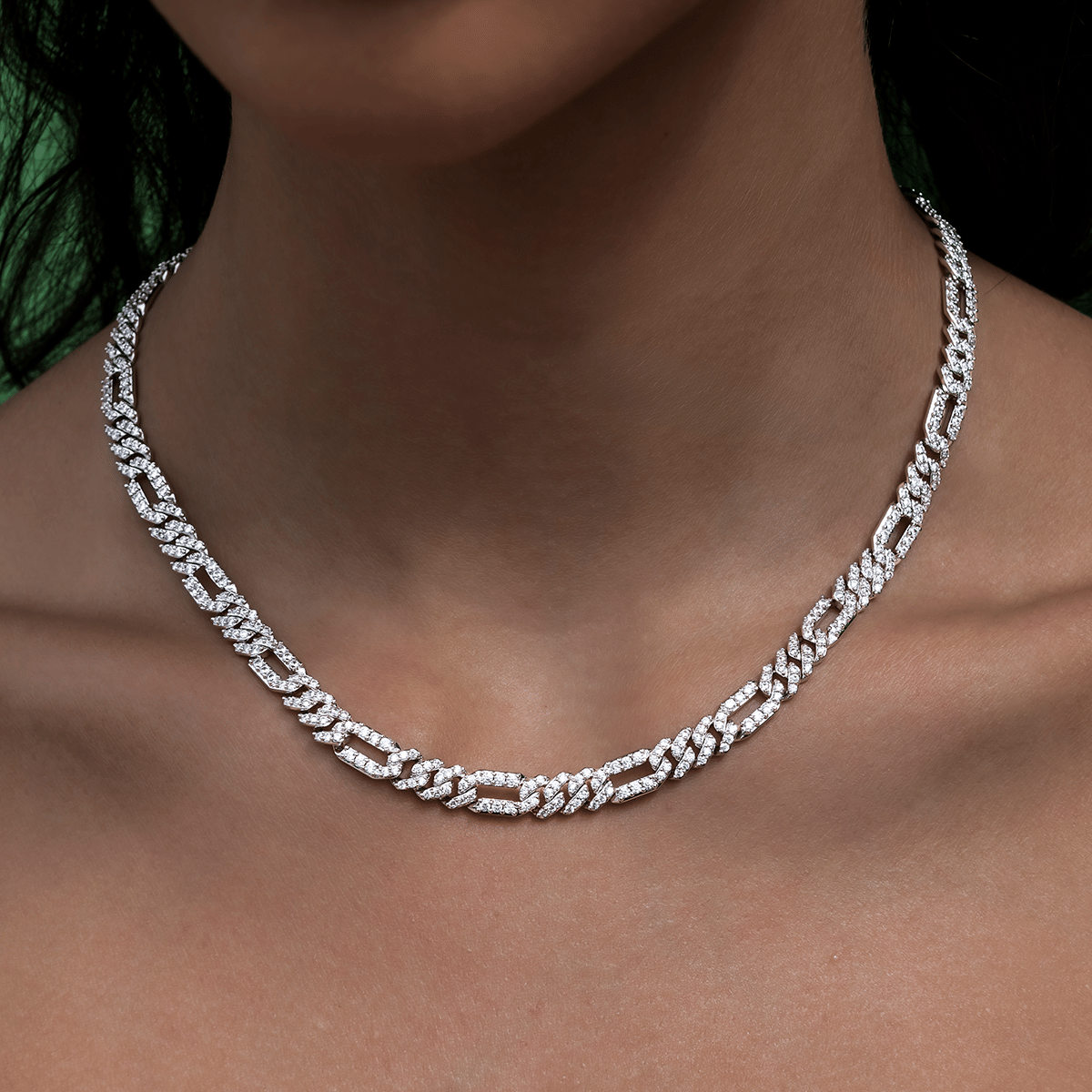 GLD Women Diamond Figaro Necklace + Bracelet Bundle in White Gold - 6 mm