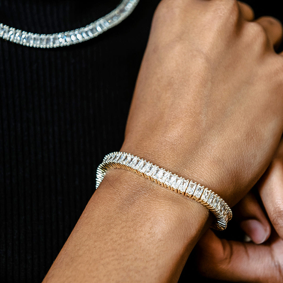GLD Women Diamond Baguette Tennis Necklace + Bracelet Bundle in Yellow Gold - 6 mm