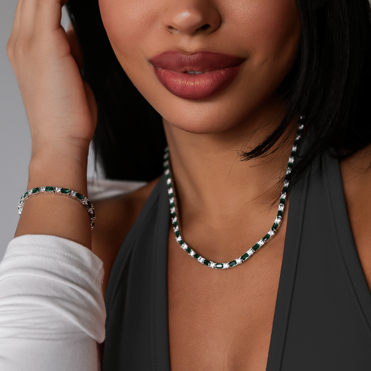 GLD Women Emerald Baguette Tennis Necklace + Bracelet Bundle