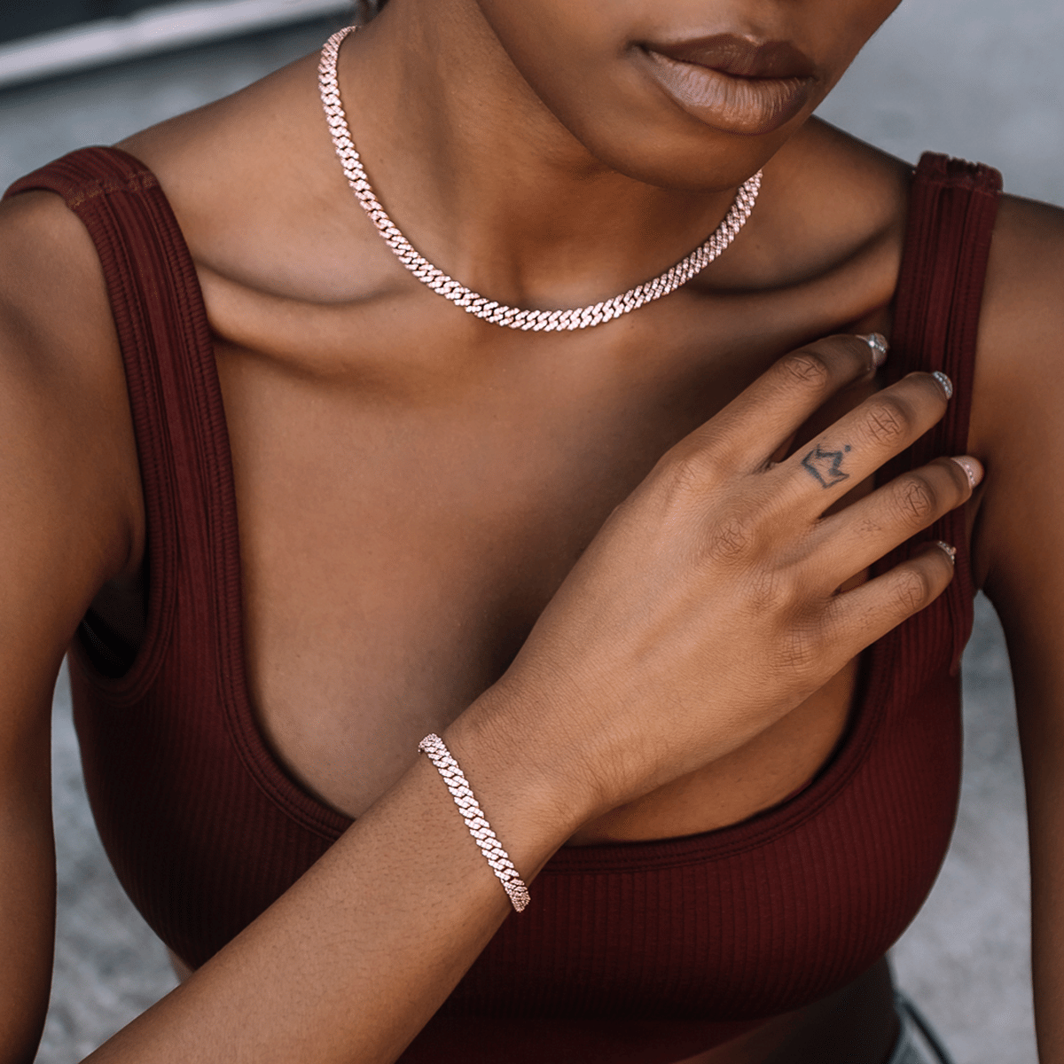GLD Women Micro Diamond Prong Cuban Necklace + Bracelet in Rose Gold - 6 mm