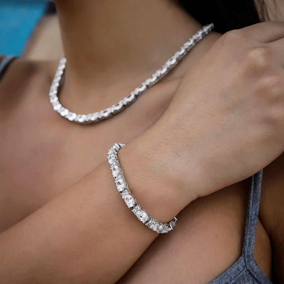 GLD Women Diamond Mixed Oval Cut Tennis Necklace + Bracelet Bundle - 5 mm