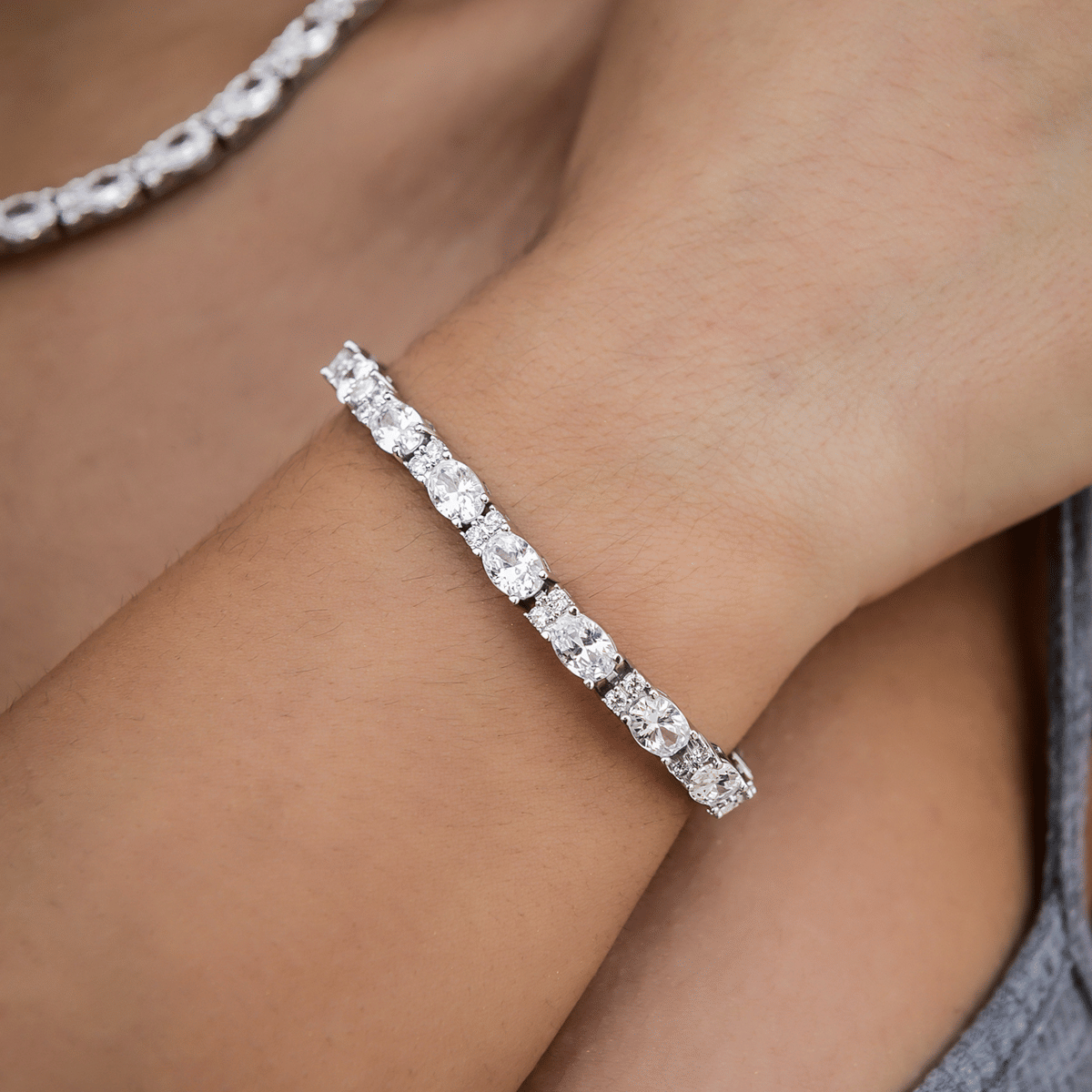 GLD Women Diamond Mixed Oval Cut Tennis Necklace + Bracelet Bundle - 5 mm
