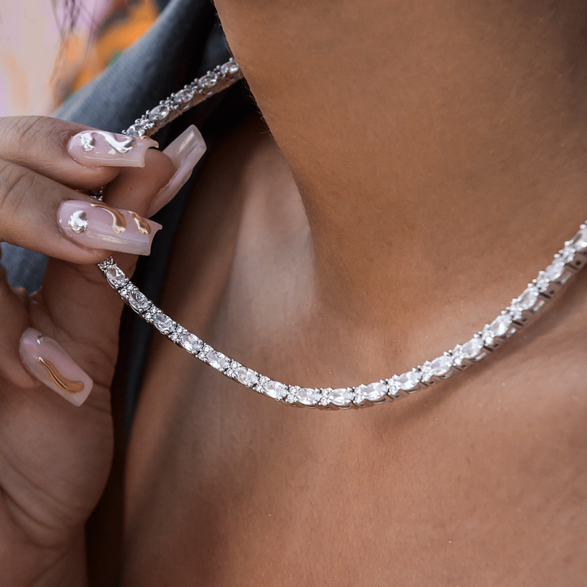 GLD Women Diamond Mixed Oval Cut Tennis Necklace + Bracelet Bundle - 3 mm