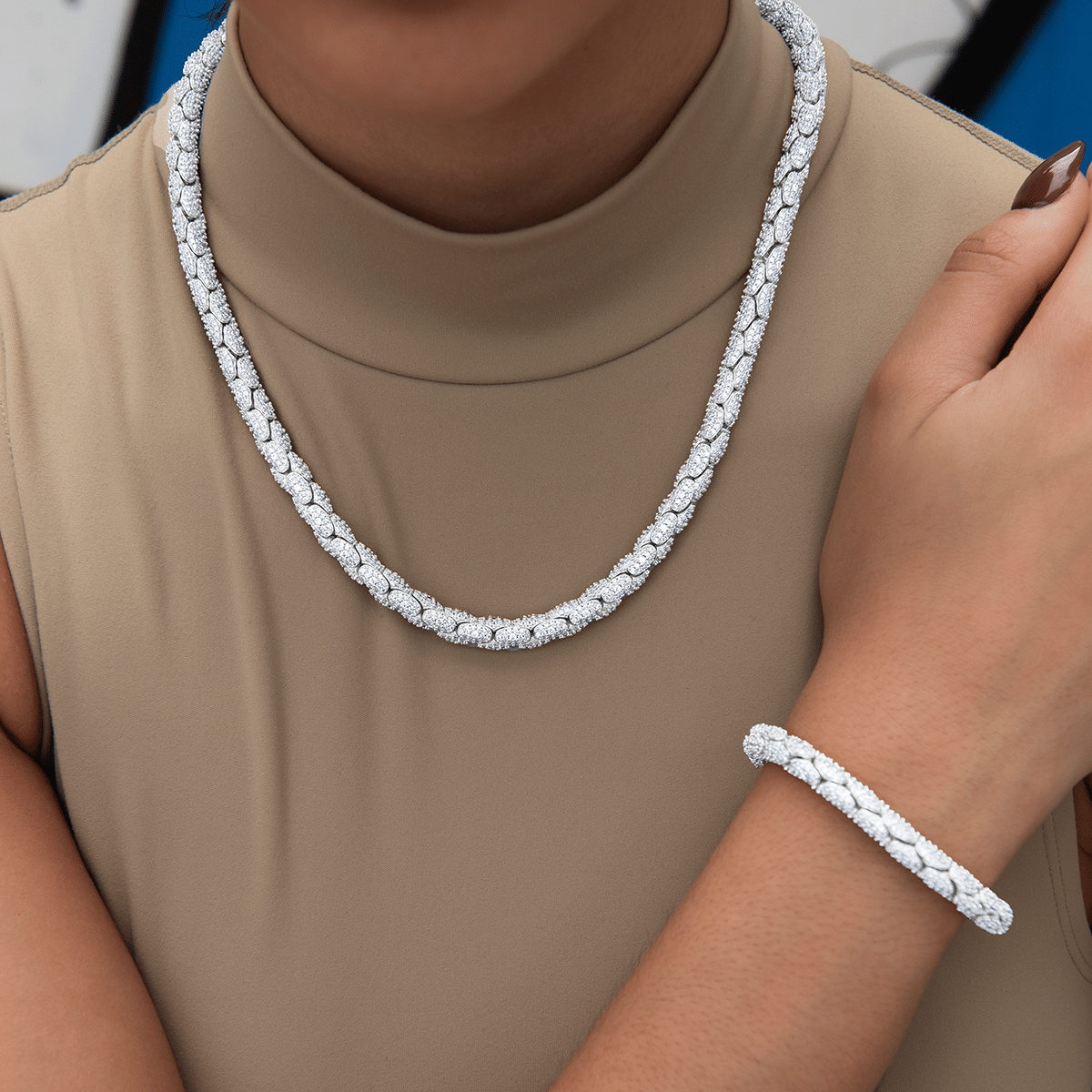 GLD Women Diamond Pave Snake Link Necklace + Bracelet Bundle in White Gold - 6 mm