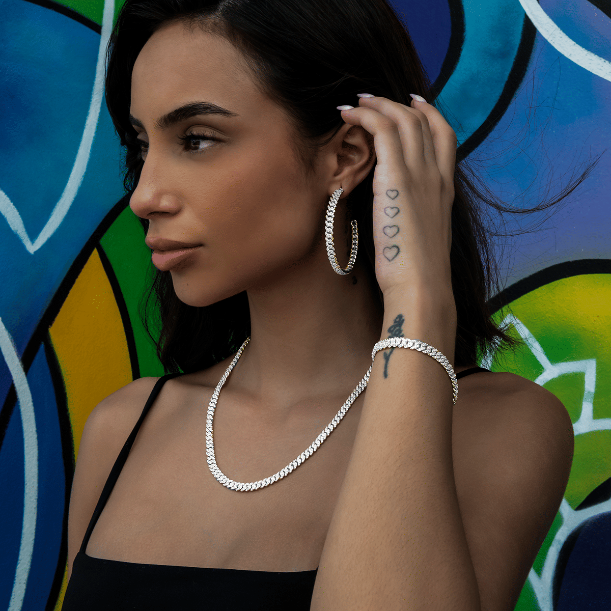 GLD Women Micro Diamond Prong Cuban Necklace + Bracelet + Hoop Bundle in White Gold