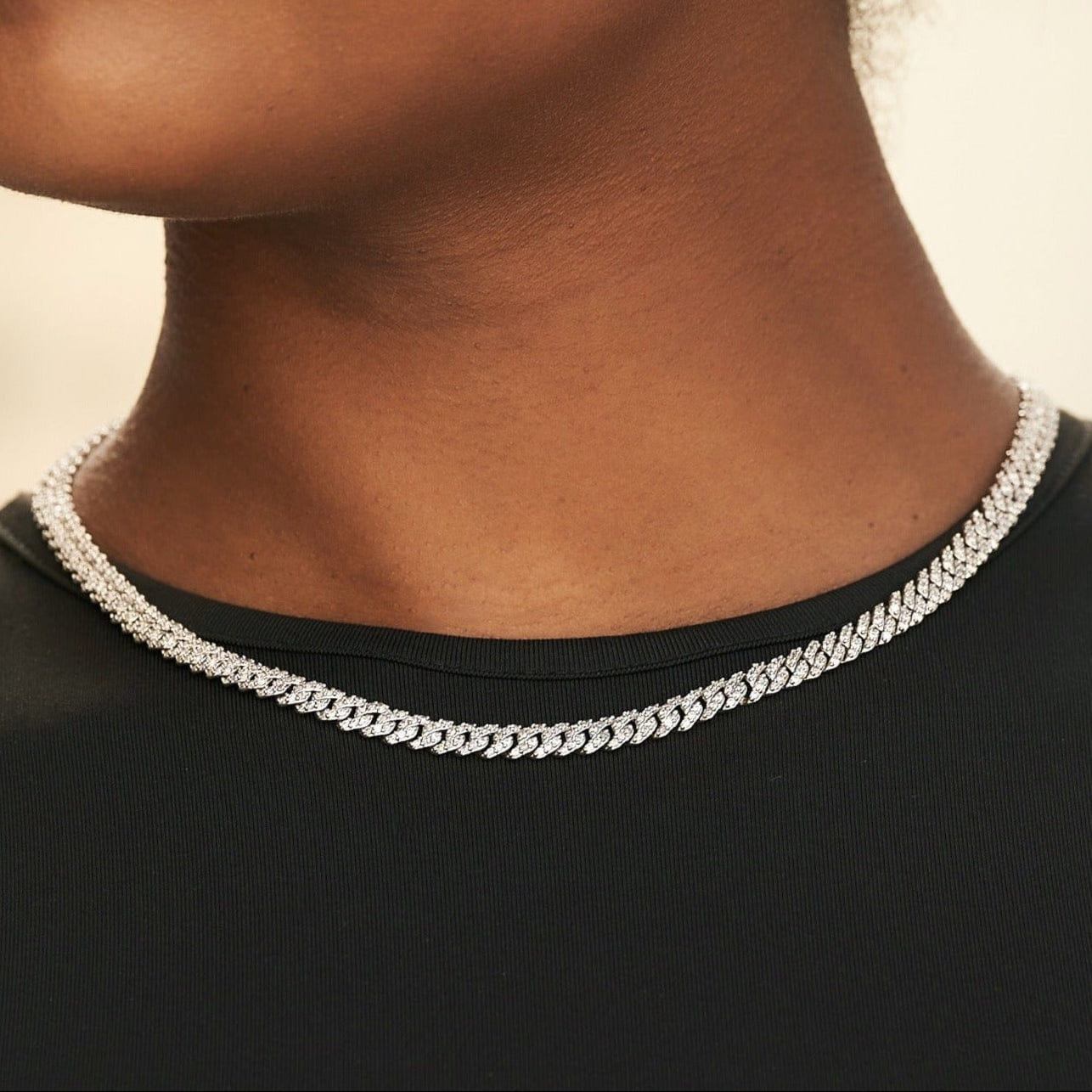 GLD Women Micro Diamond Prong Cuban Necklace + Bracelet + Hoop Bundle in White Gold