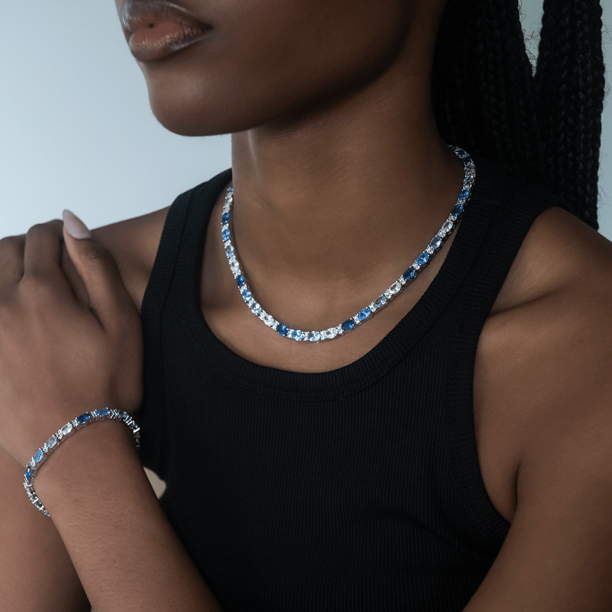 GLD Women Blue Mixed Oval Cut Tennis Necklace + Bracelet Bundle