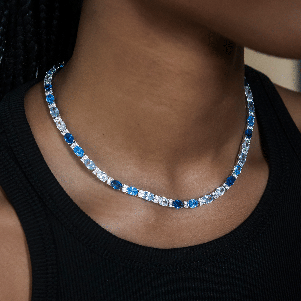 GLD Women Blue Mixed Oval Cut Tennis Necklace + Bracelet Bundle