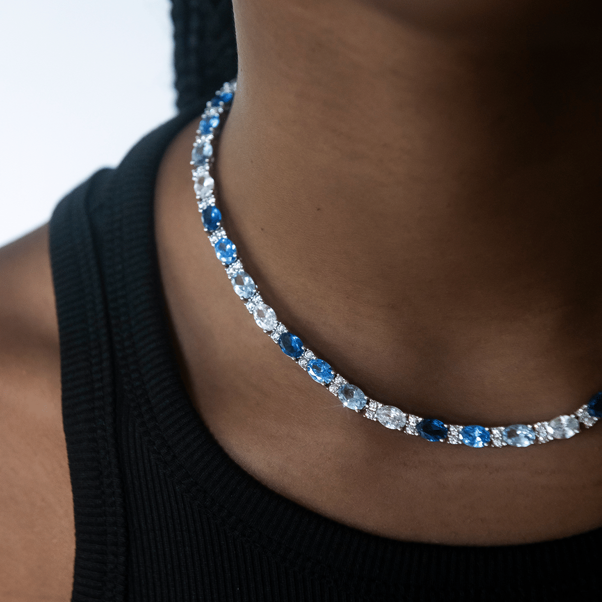 GLD Women Blue Mixed Oval Cut Tennis Necklace + Bracelet Bundle