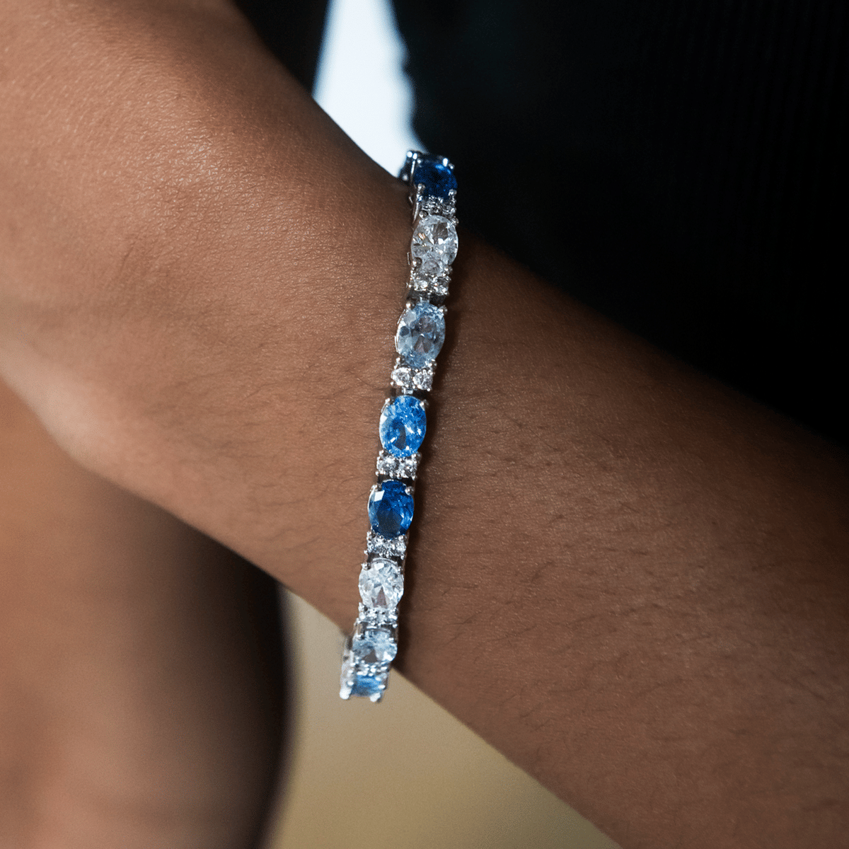 GLD Women Blue Mixed Oval Cut Tennis Necklace + Bracelet Bundle