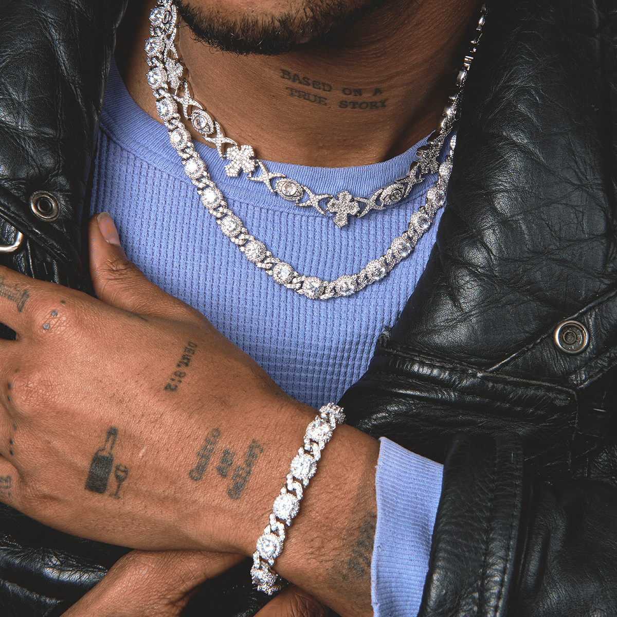 GLD Men Baguette Cross Evil Eye and Diamond Station Cuban Chains + Bracelet Bundle in White Gold