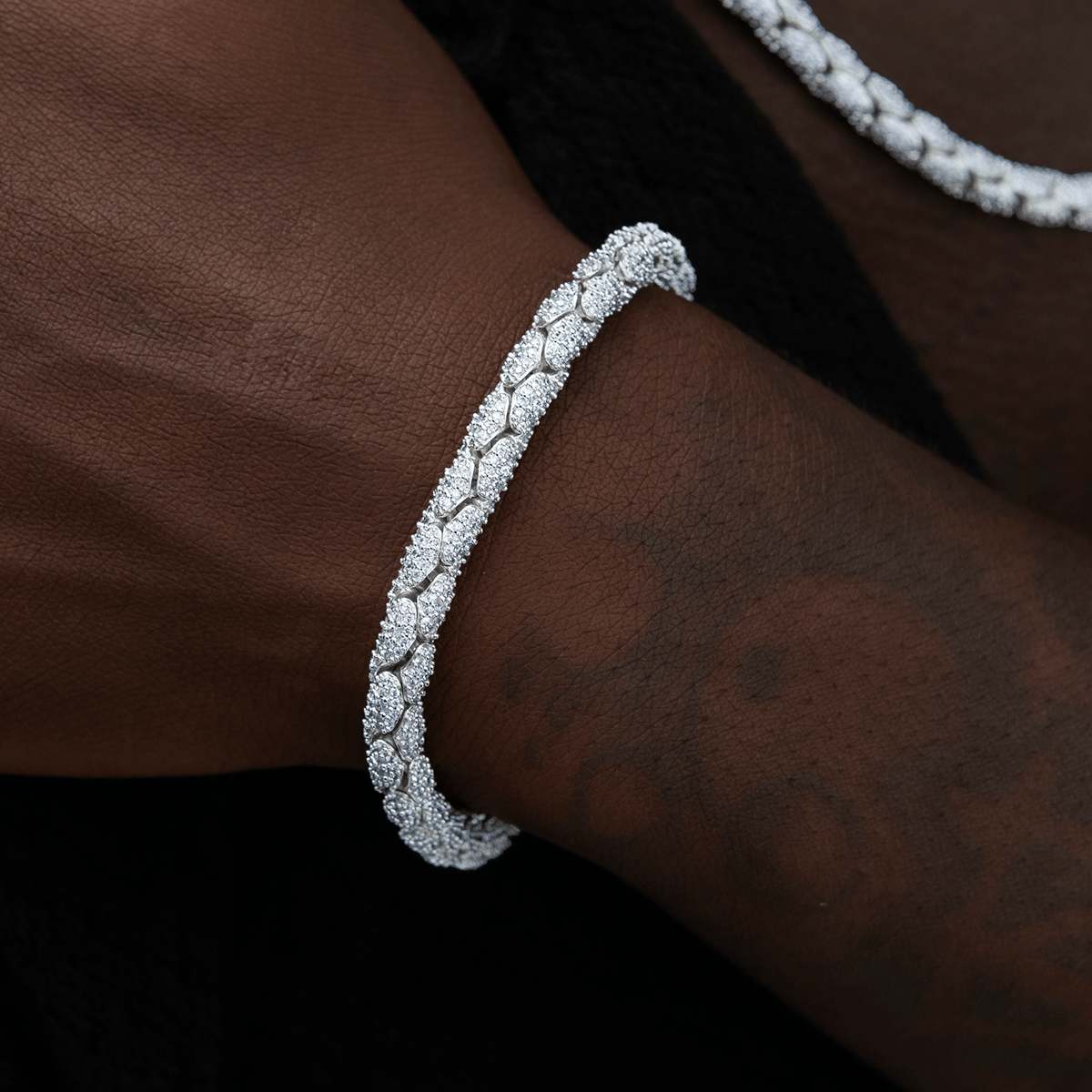GLD Men Diamond Pave Snake Link Chain + Bracelet Bundle in White Gold - 6 mm