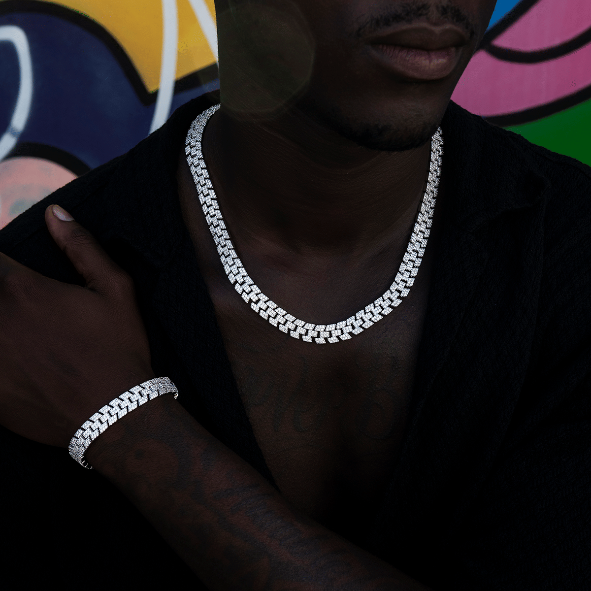 GLD Men Diamond Spine Chain + Bracelet Bundle in White Gold