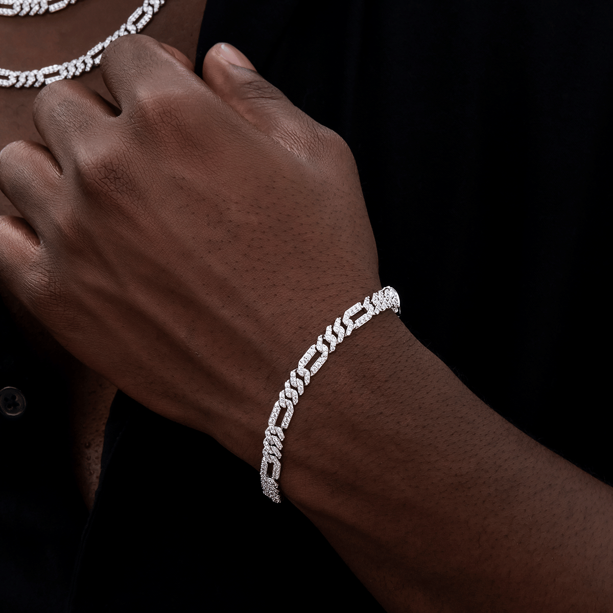 GLD Men Diamond Figaro Chain + Bracelet Bundle in White Gold - 6 mm