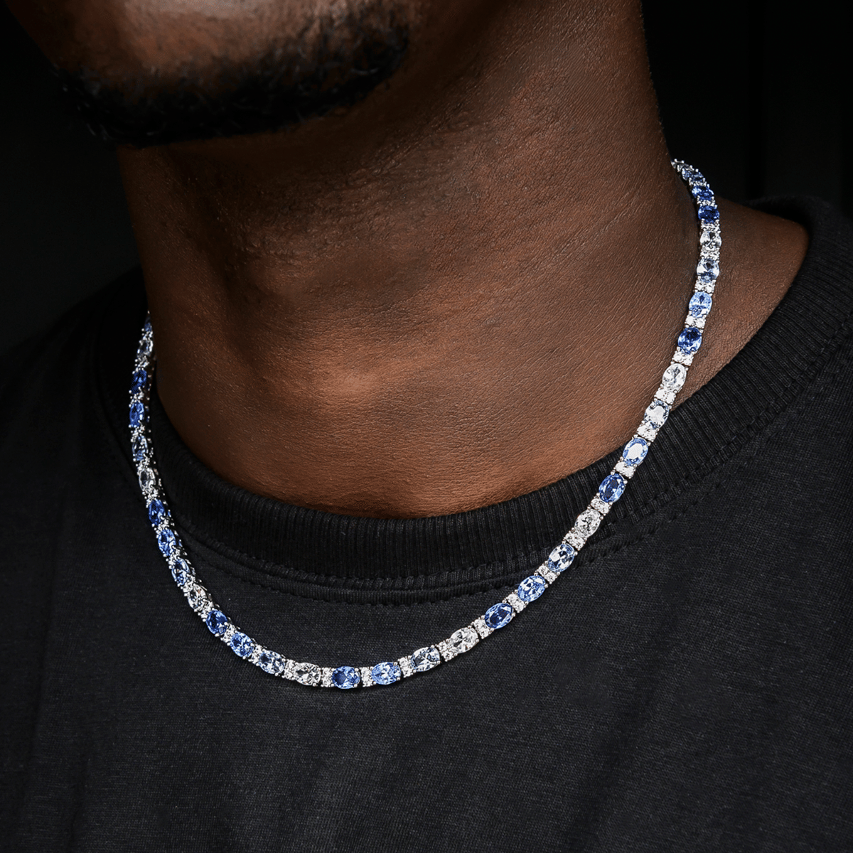 GLD Men Blue Mixed Oval Cut Tennis Chain + Bracelet Bundle