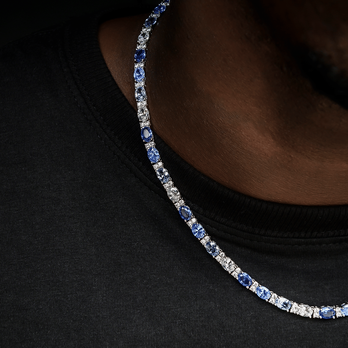 GLD Men Blue Mixed Oval Cut Tennis Chain + Bracelet Bundle