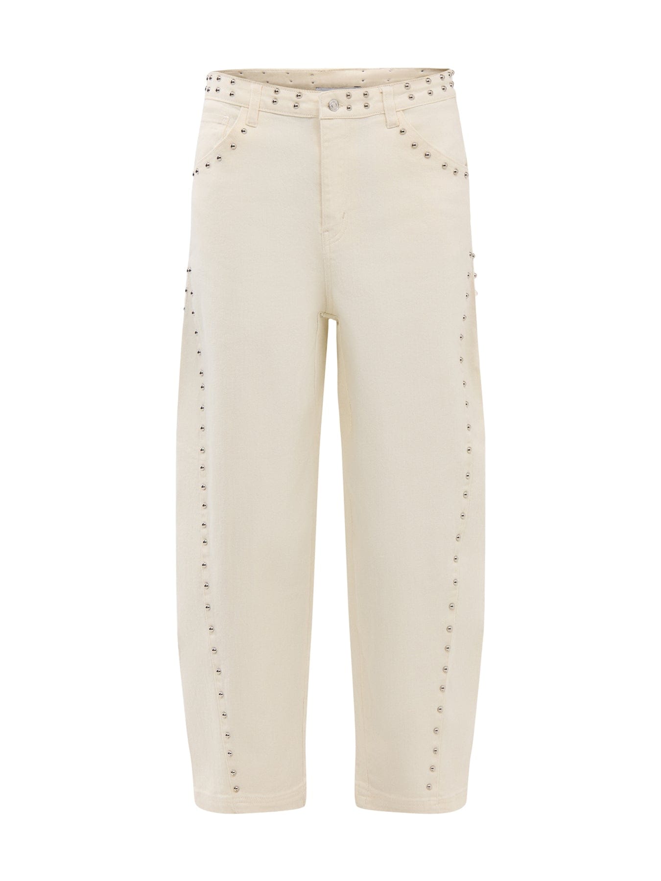 Never Fully Dressed Ecru Studded Barrel Jeans