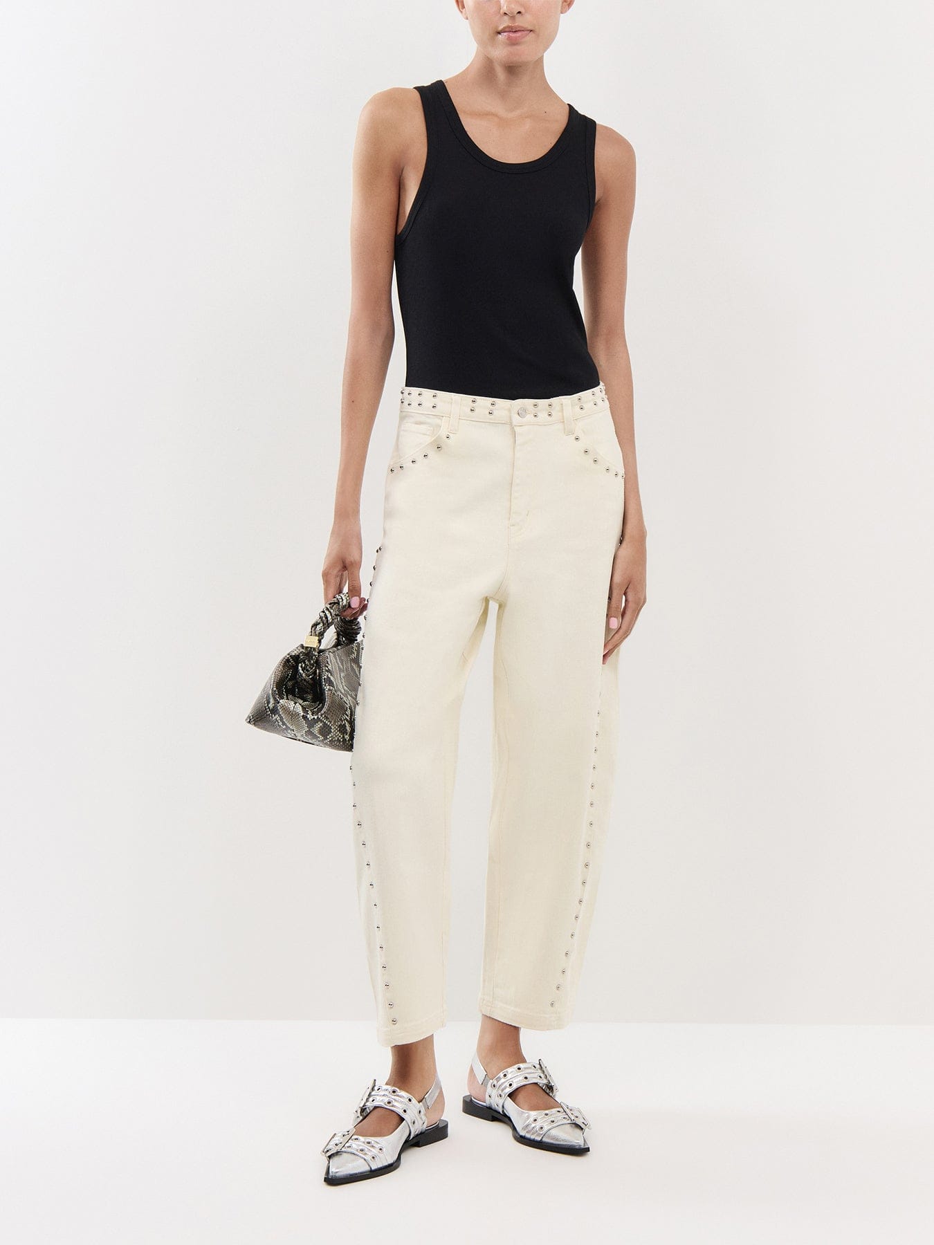 Never Fully Dressed Ecru Studded Barrel Jeans
