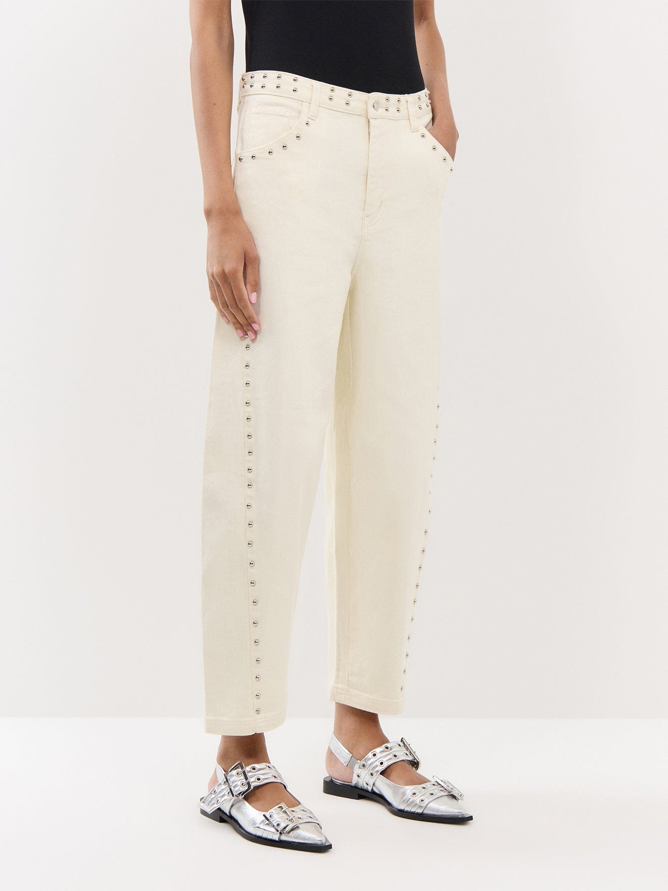 Never Fully Dressed Ecru Studded Barrel Jeans