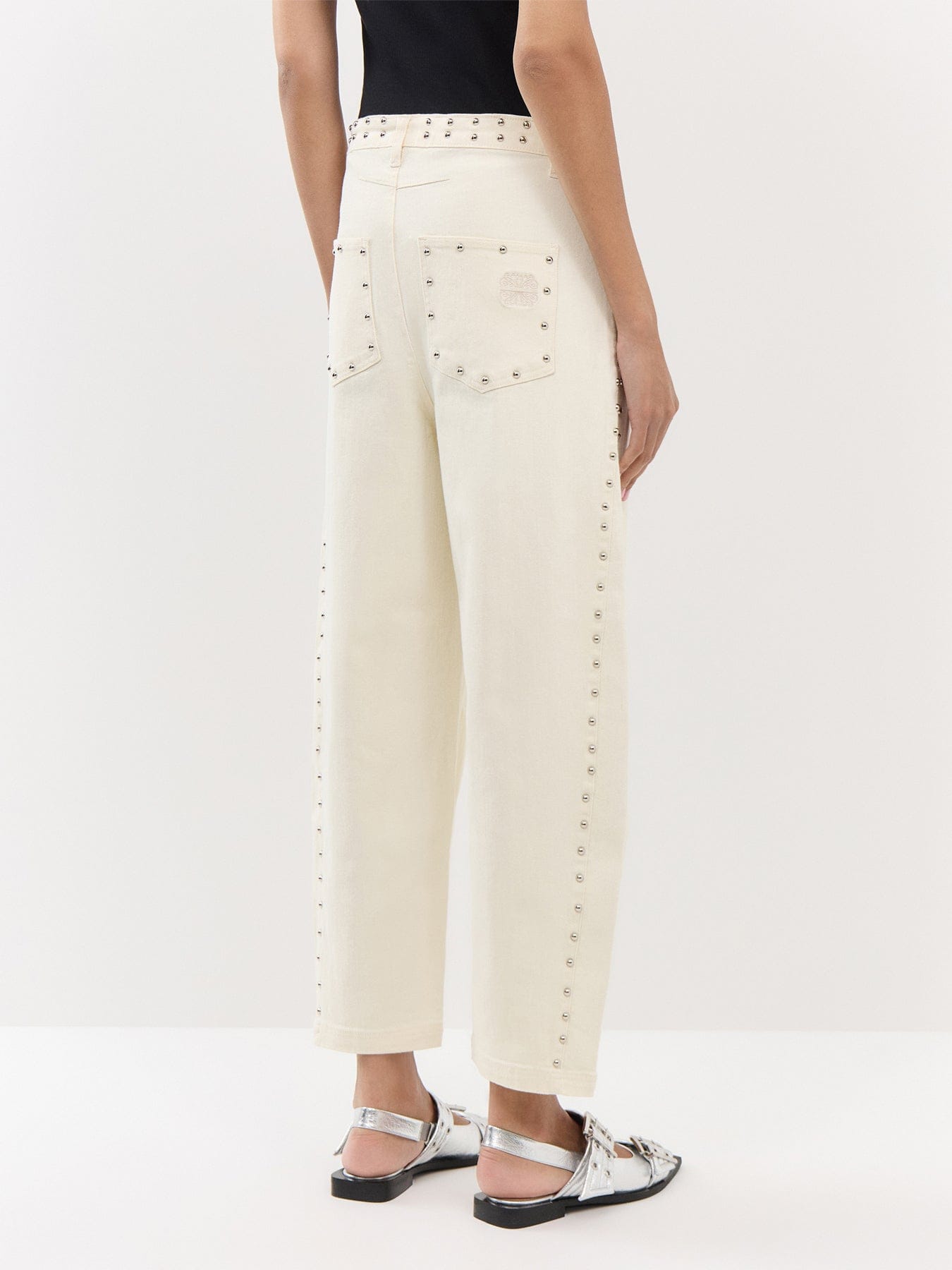 Never Fully Dressed Ecru Studded Barrel Jeans