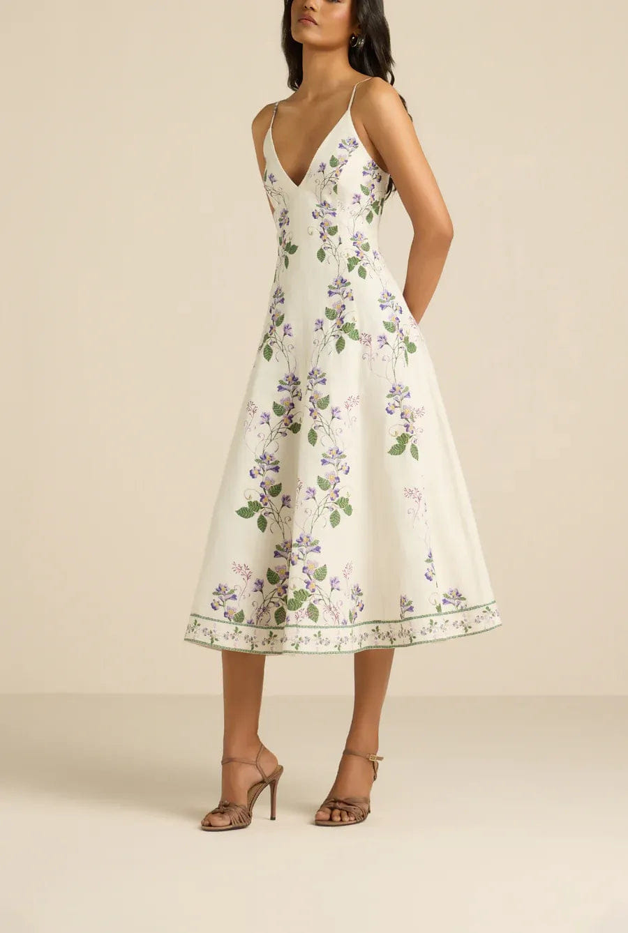 Hemant & Nandita Anya Floral Sleeveless Midi Dress in White