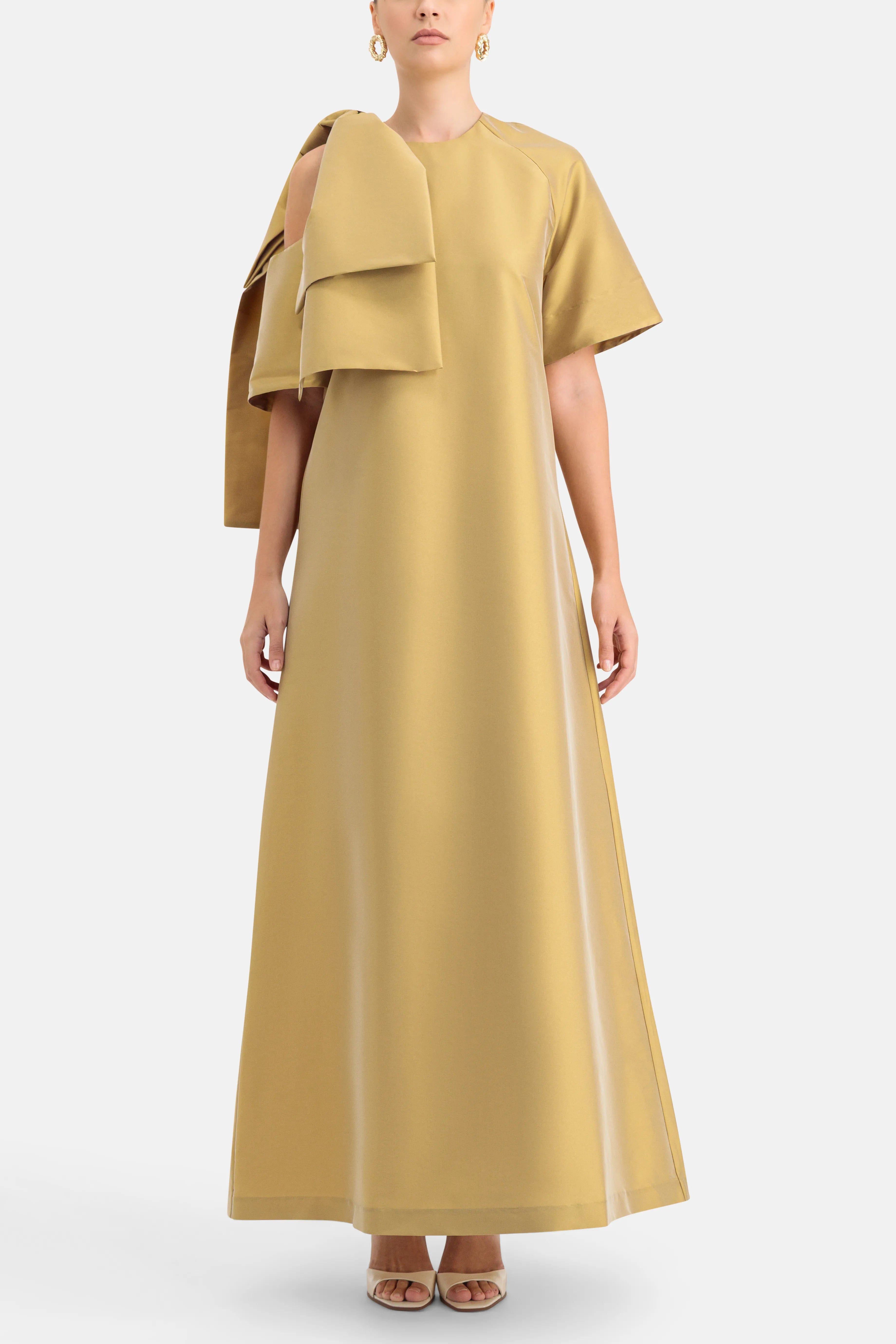 Bernadette Winona Bow Applique Shoulder Cut Out Maxi Dress in Gold