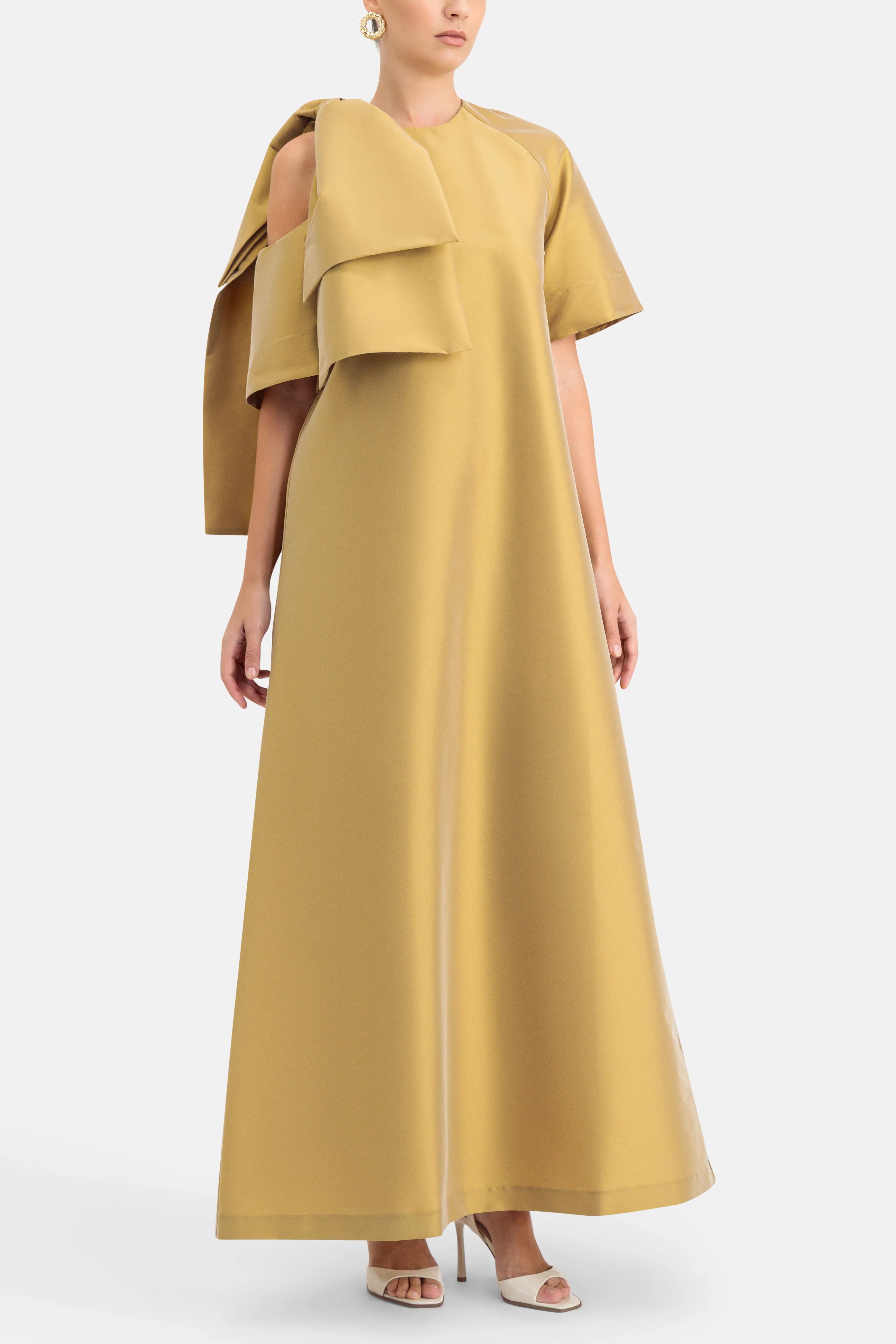 Bernadette Winona Bow Applique Shoulder Cut Out Maxi Dress in Gold