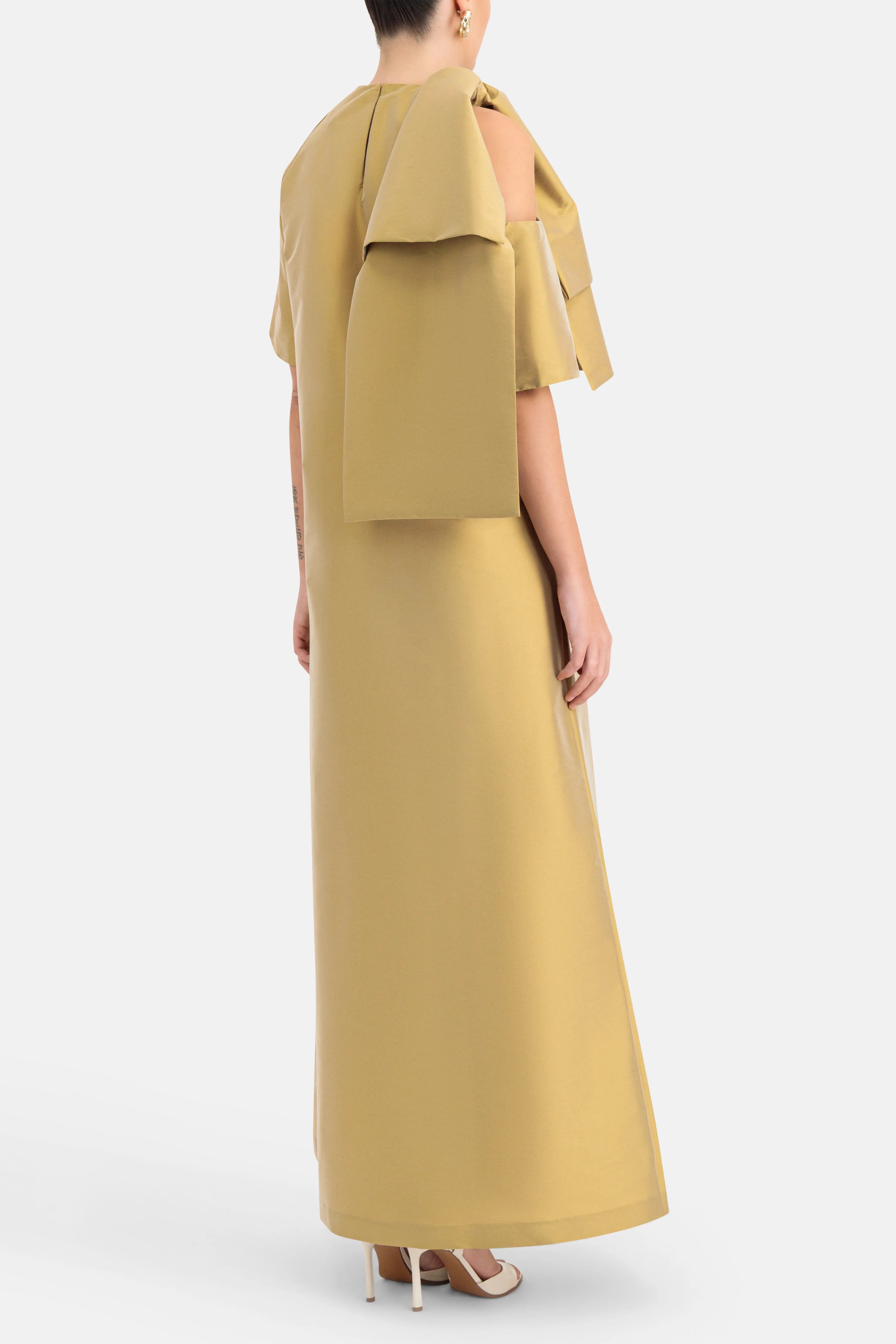 Bernadette Winona Bow Applique Shoulder Cut Out Maxi Dress in Gold