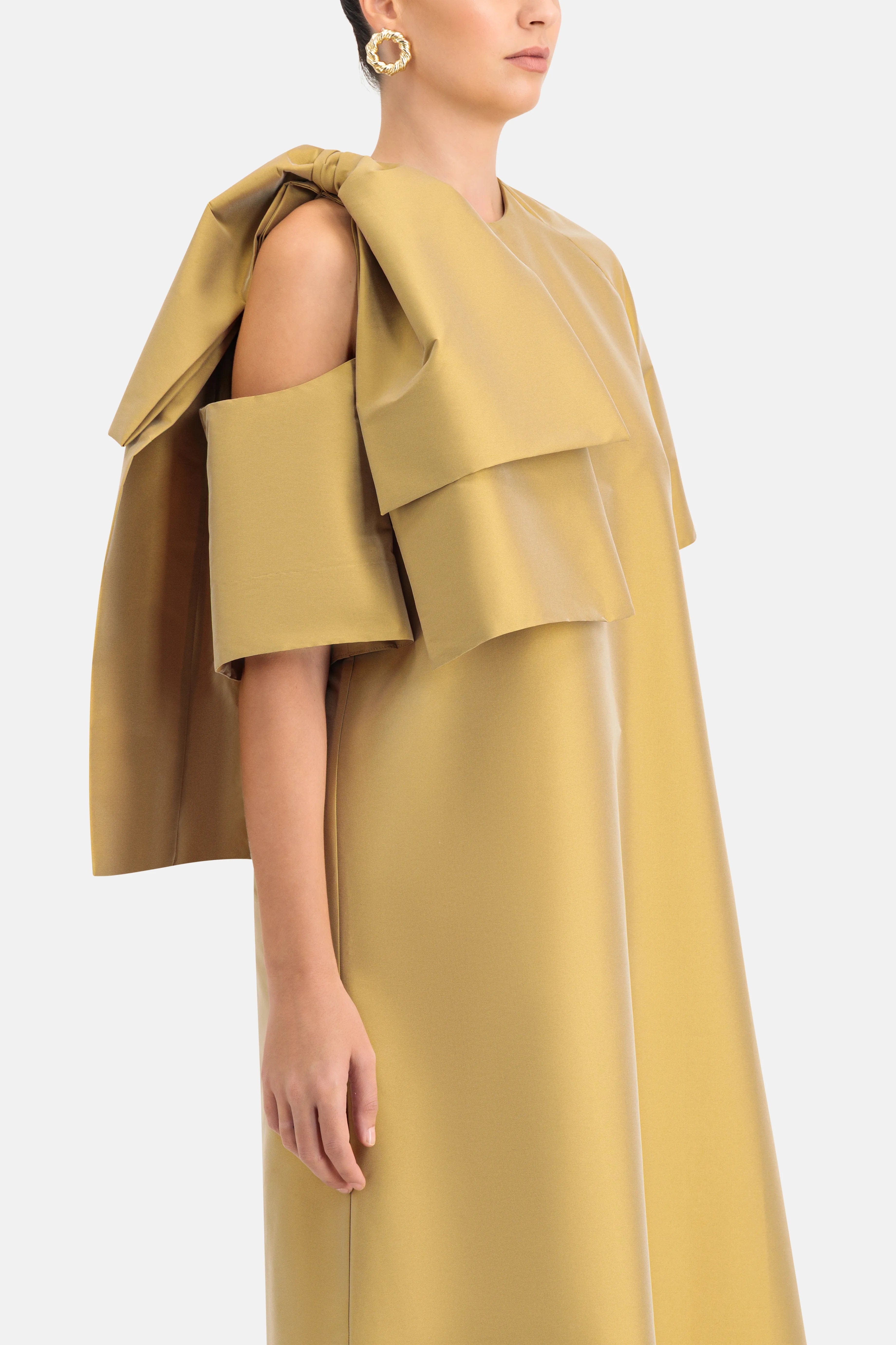 Bernadette Winona Bow Applique Shoulder Cut Out Maxi Dress in Gold