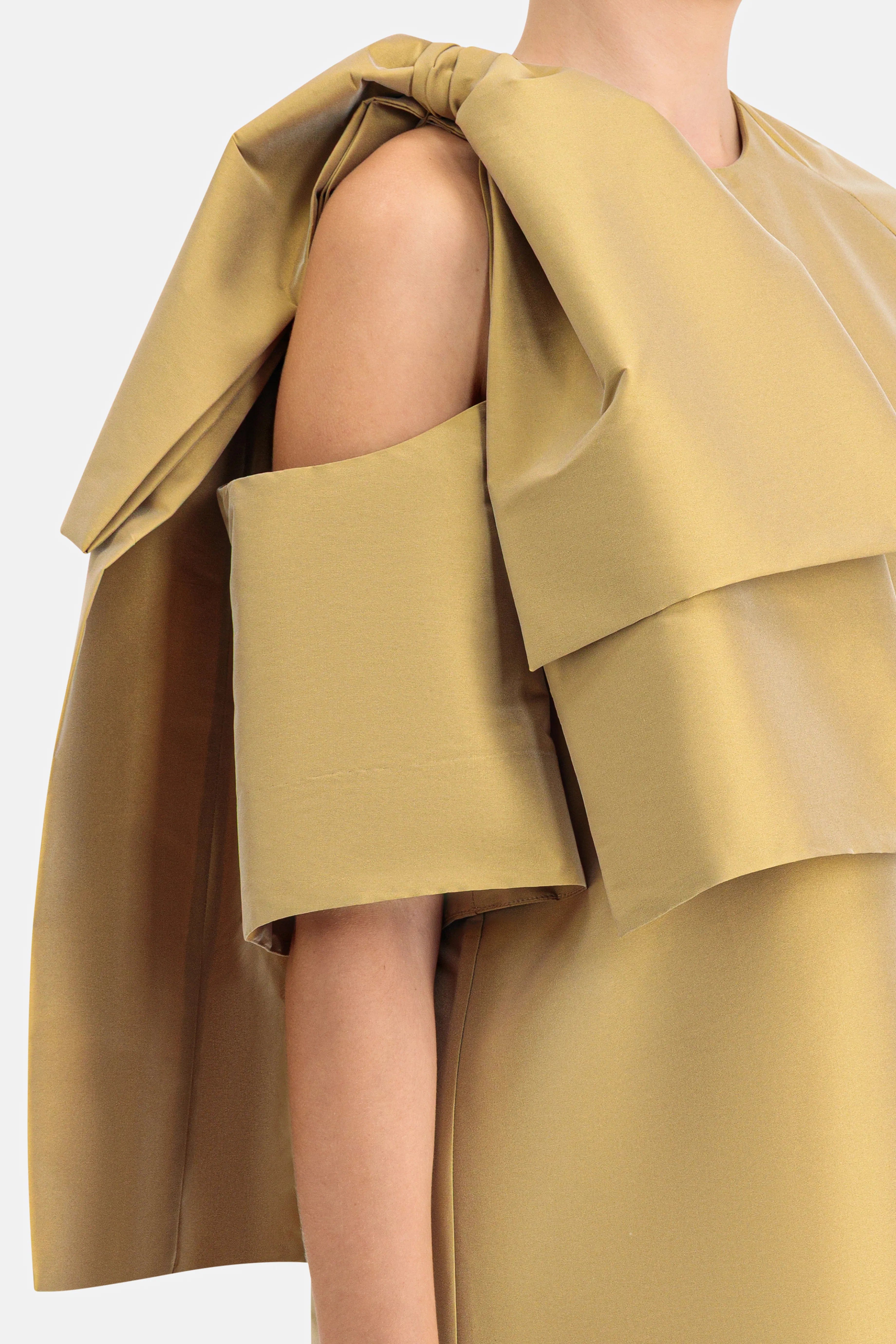 Bernadette Winona Bow Applique Shoulder Cut Out Maxi Dress in Gold