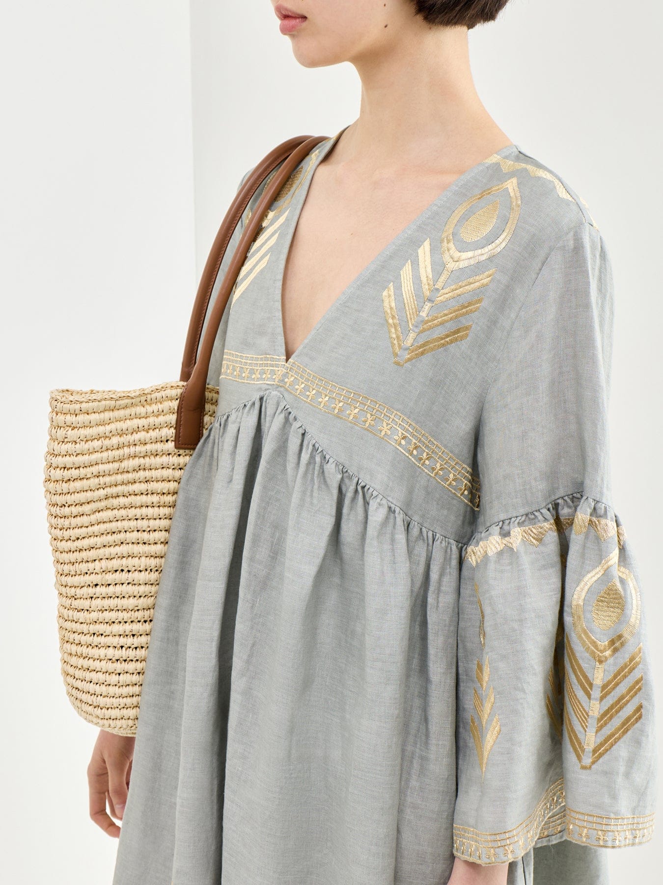 Kori Feather Linen Midi Dress Grey
