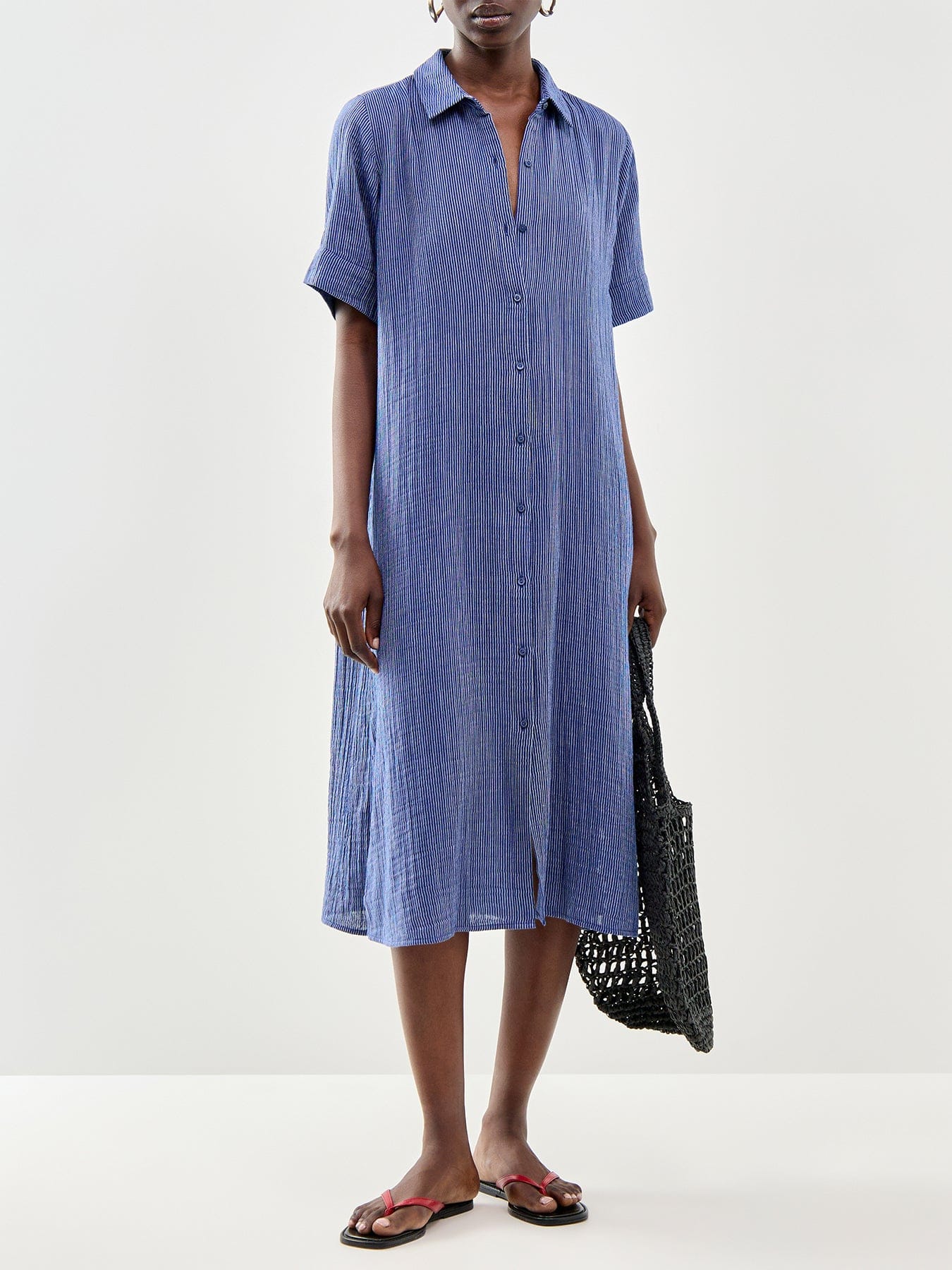 Eileen Fisher Classic Collar C/L Shirt Dress W/ Short Slvs Deep Dive Blue