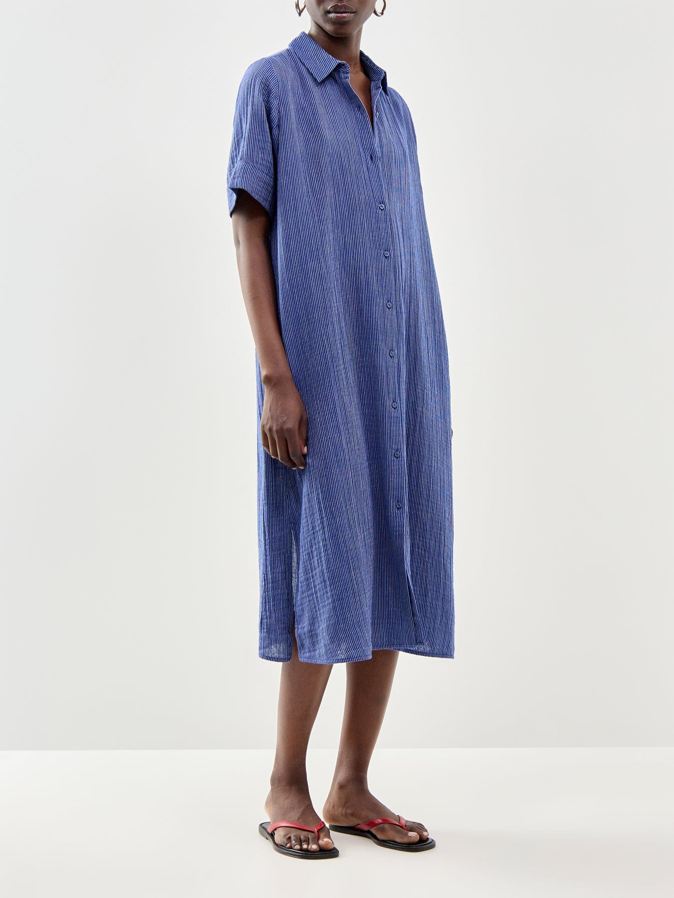 Eileen Fisher Classic Collar C/L Shirt Dress W/ Short Slvs Deep Dive Blue