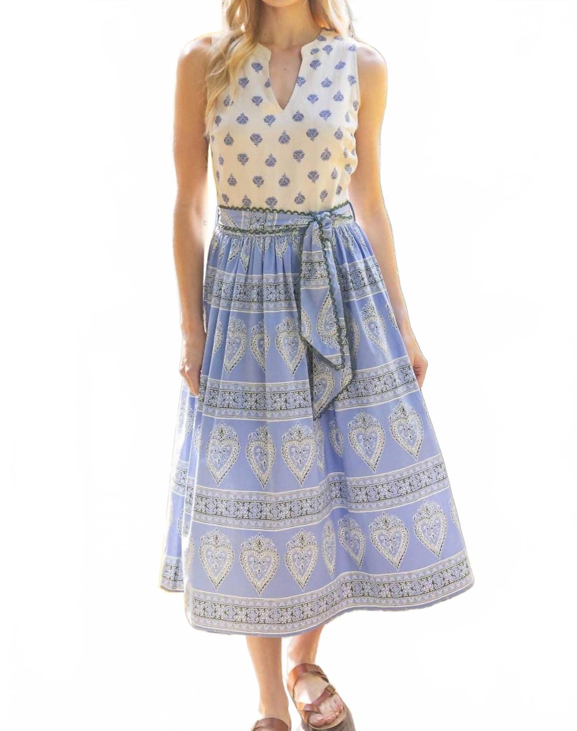 Blue Mixed Print Waist Tie Sleeveless Midi Dress In Slate Blue
