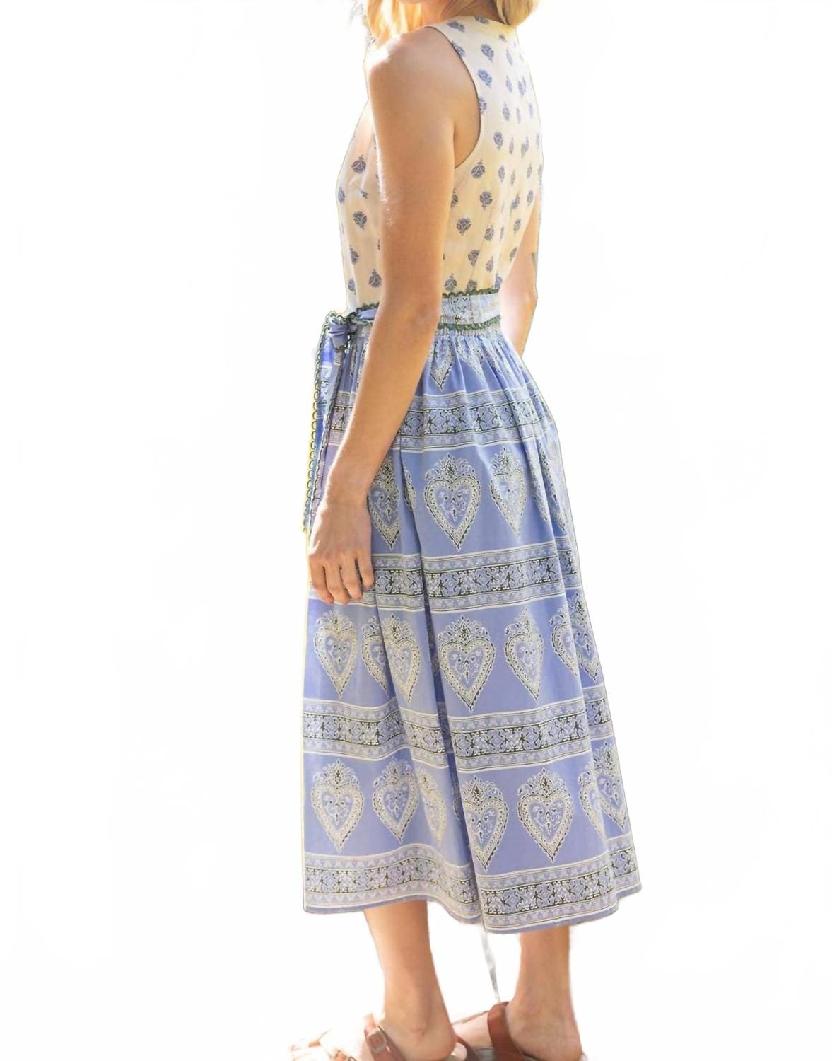 Blue Mixed Print Waist Tie Sleeveless Midi Dress In Slate Blue