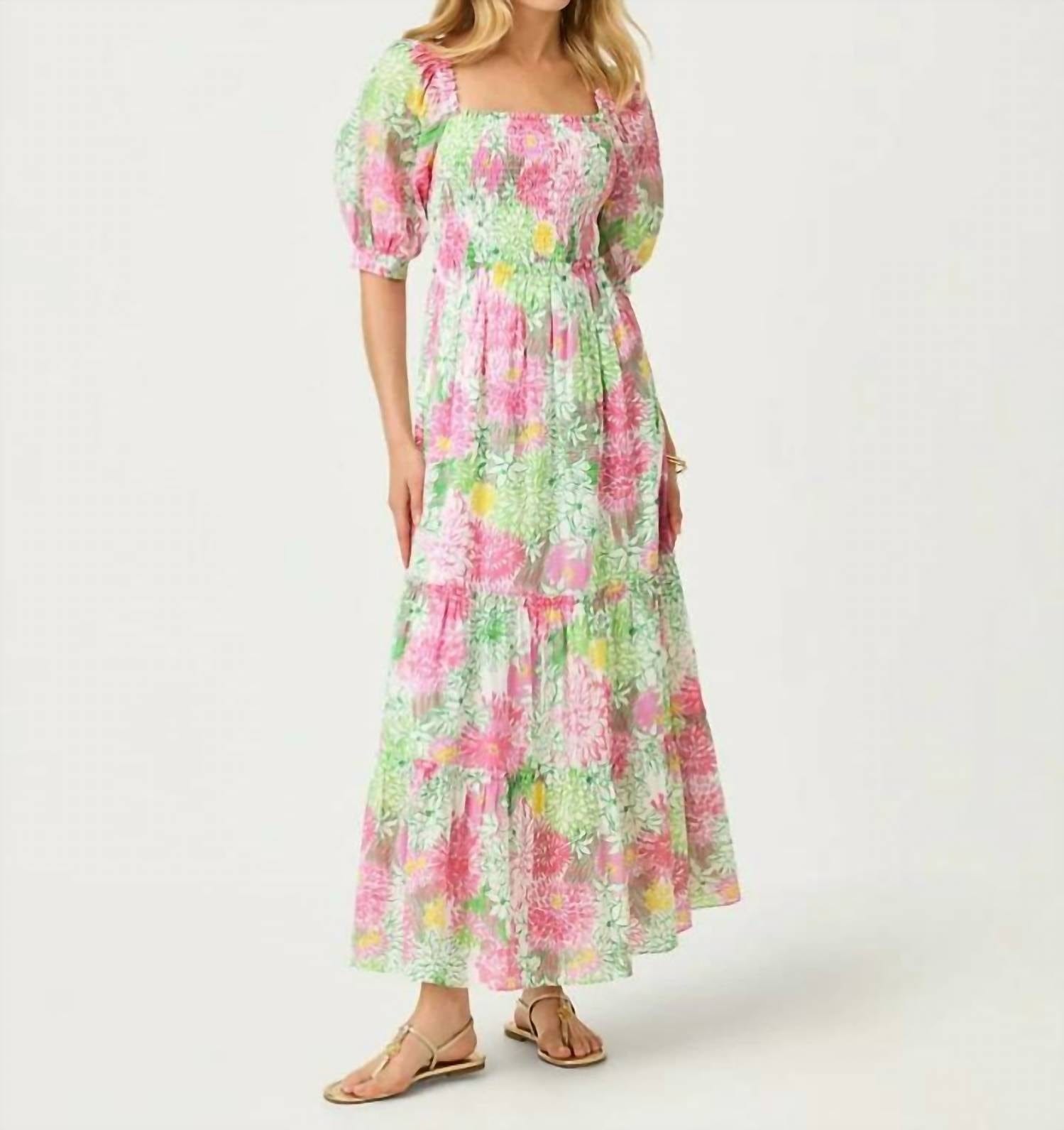 WHITE* Hadly Short Sleeve Smocked Dress In Resort White Mum Patch