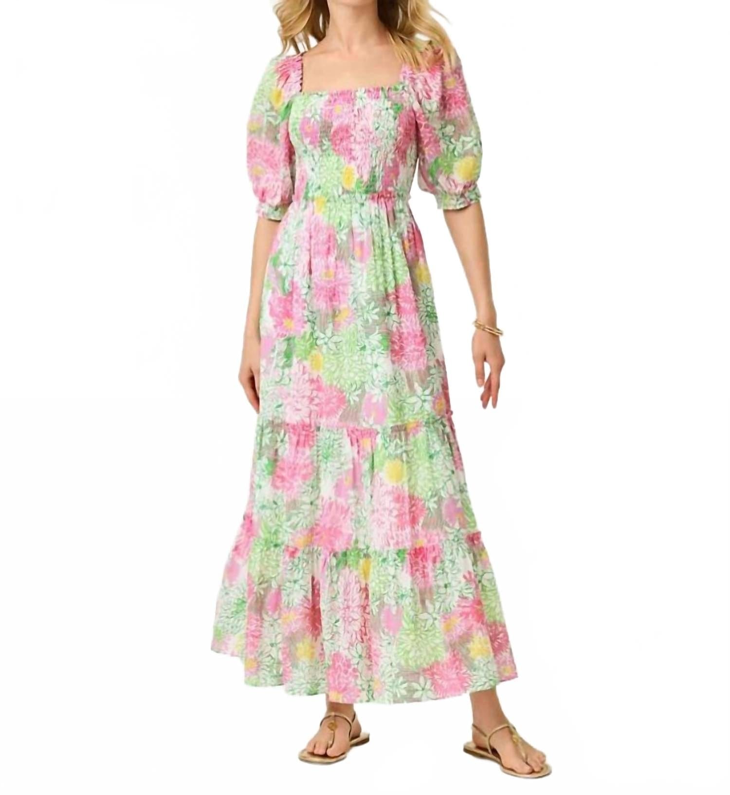 WHITE* Hadly Short Sleeve Smocked Dress In Resort White Mum Patch