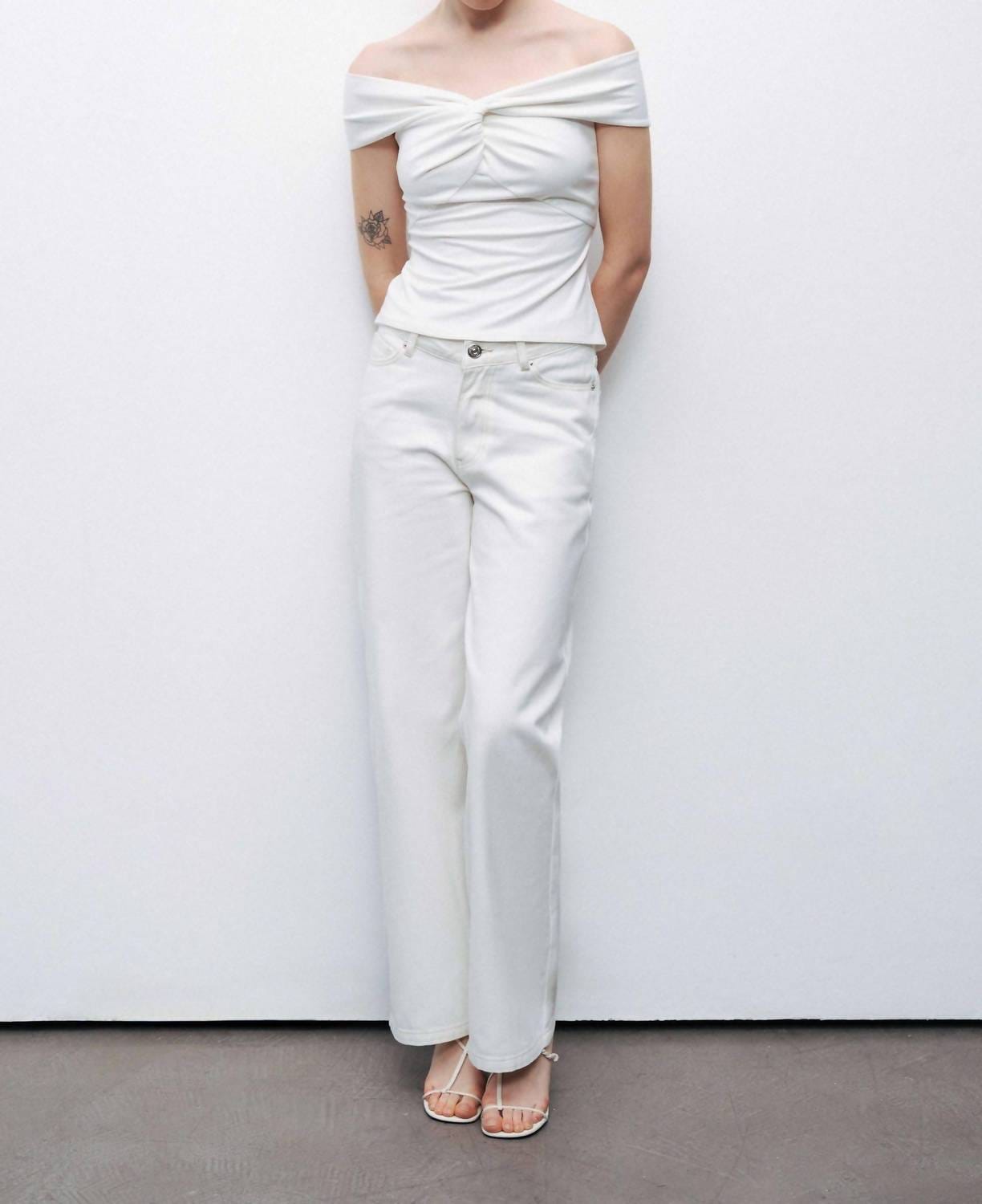 WHITE* Linea Twist Off - Shoulder Blouse In White