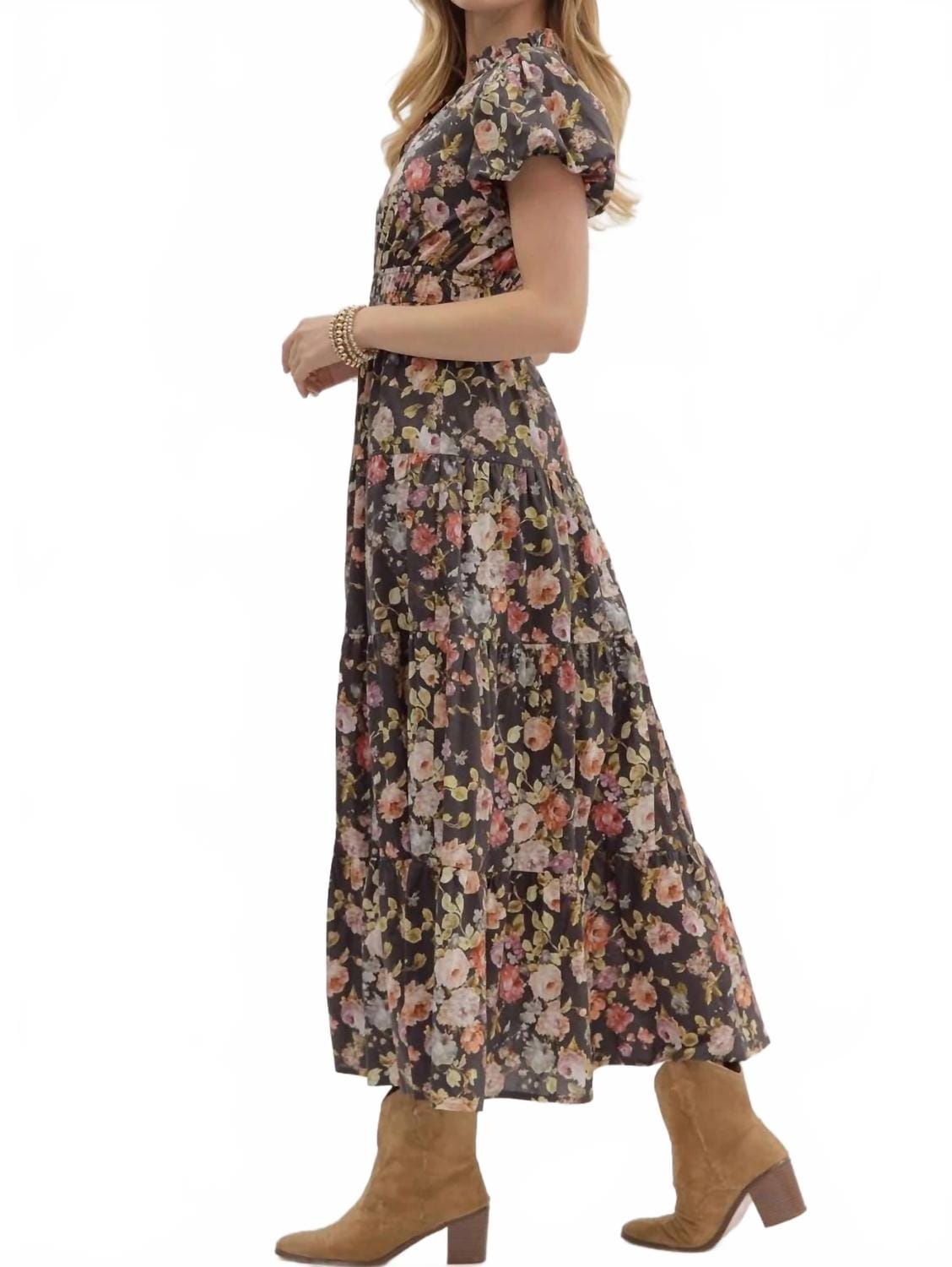 Chocolate Women's Floral Puff Sleeve Midi Dress In Chocolate
