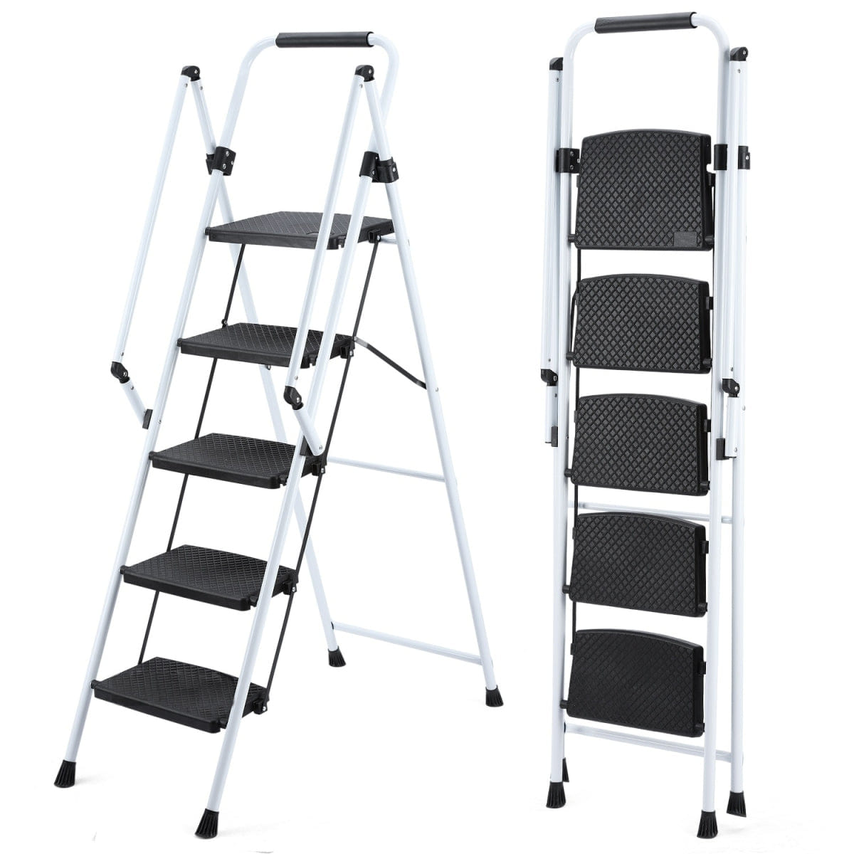 WHITE* Streamdale White 5 - Step Folding Steel Ladder Stool with Anti - Slip Handle & Pedals
