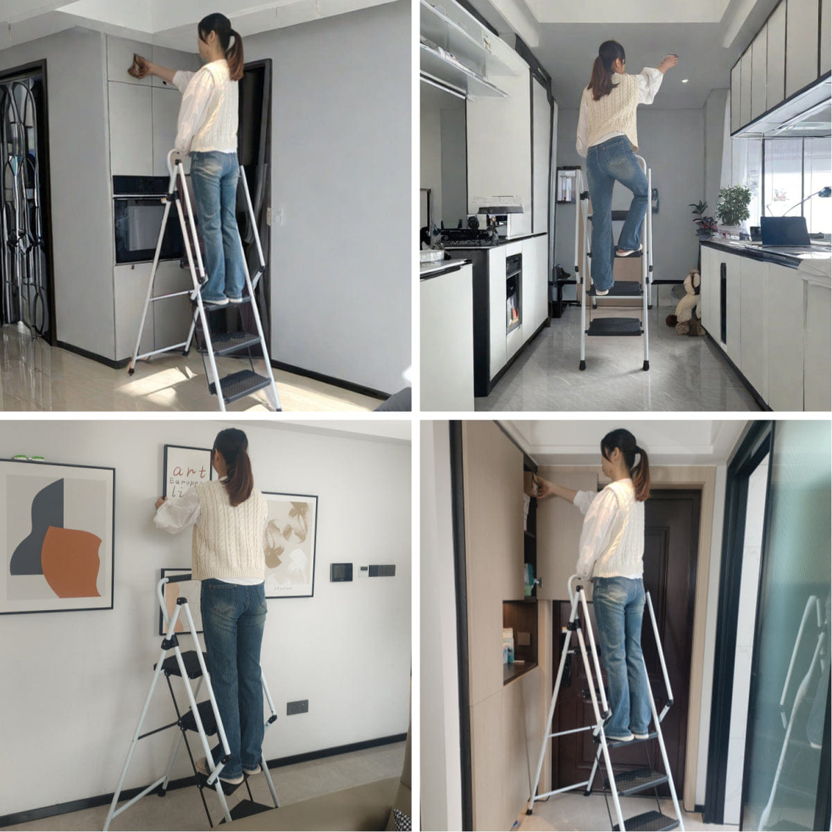 WHITE* Streamdale White 5 - Step Folding Steel Ladder Stool with Anti - Slip Handle & Pedals
