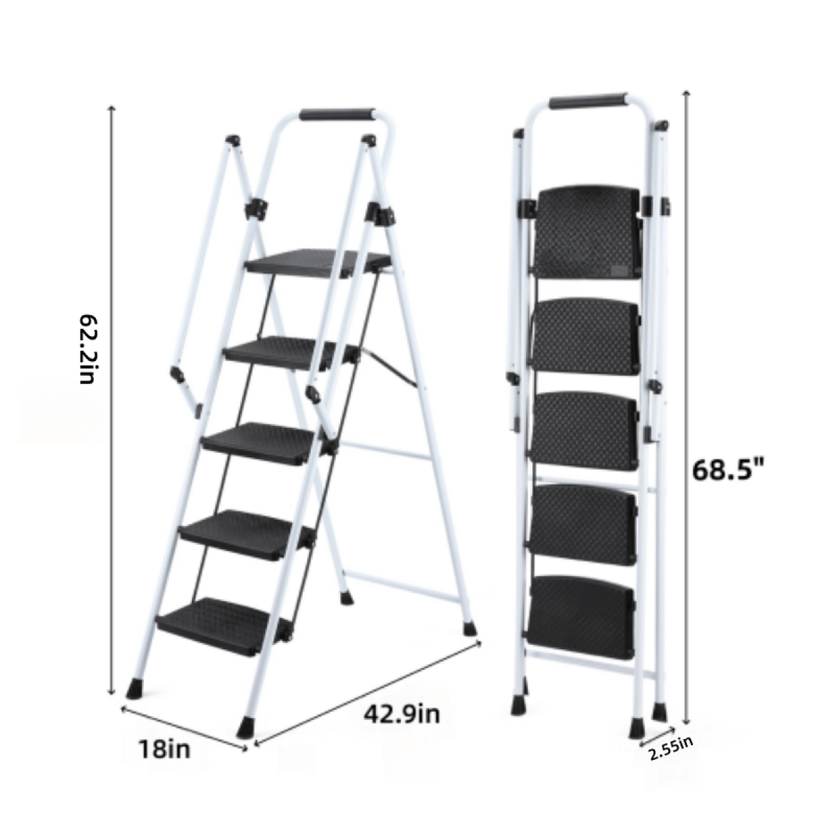 WHITE* Streamdale White 5 - Step Folding Steel Ladder Stool with Anti - Slip Handle & Pedals