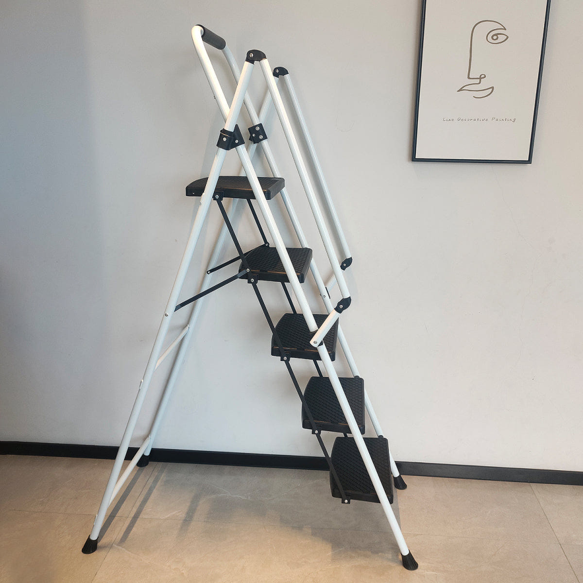 WHITE* Streamdale White 5 - Step Folding Steel Ladder Stool with Anti - Slip Handle & Pedals
