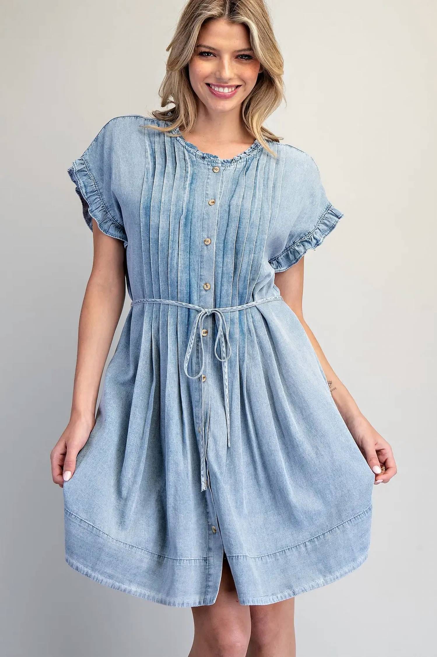 Blue Pleated Denim Dress In Blue