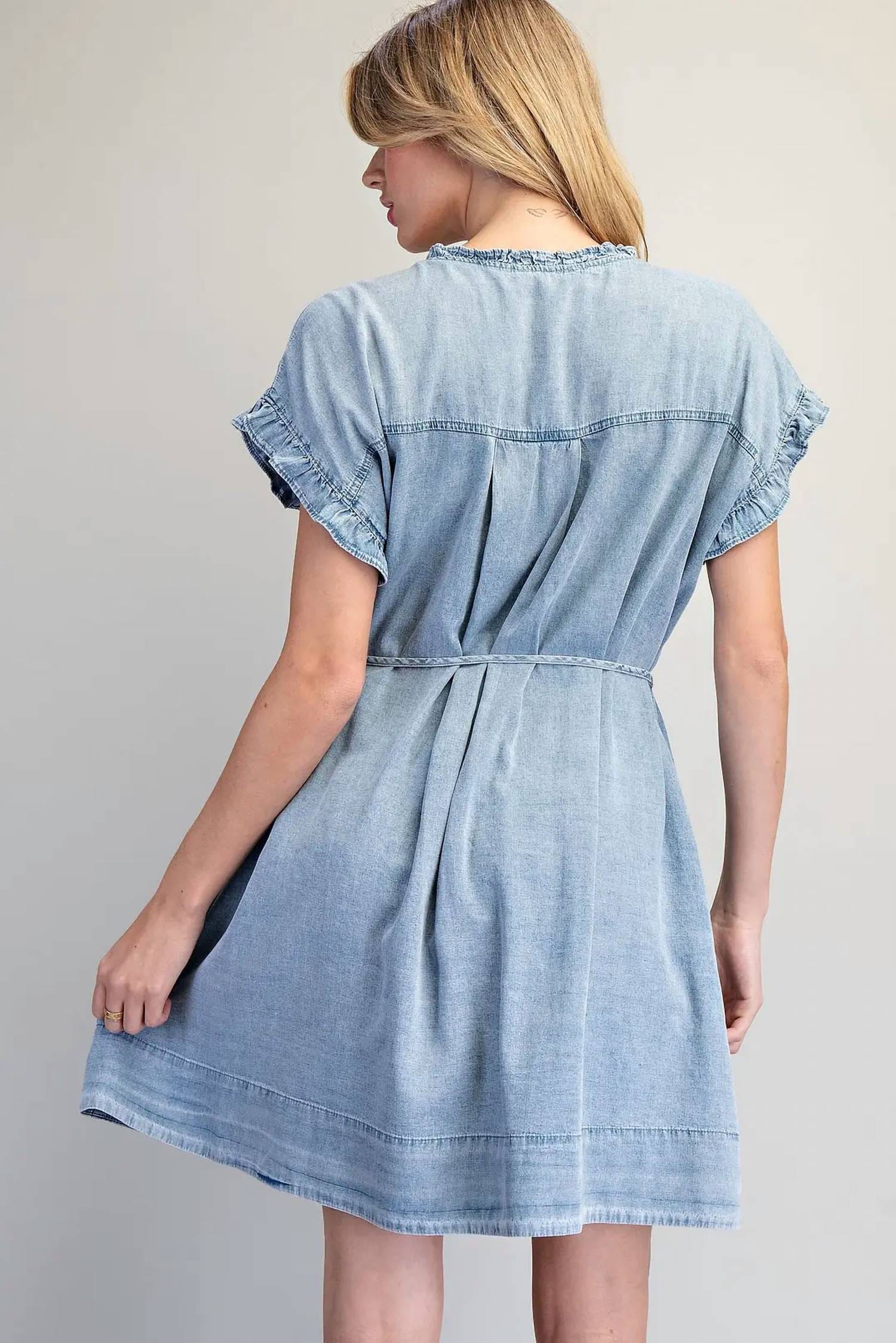 Blue Pleated Denim Dress In Blue