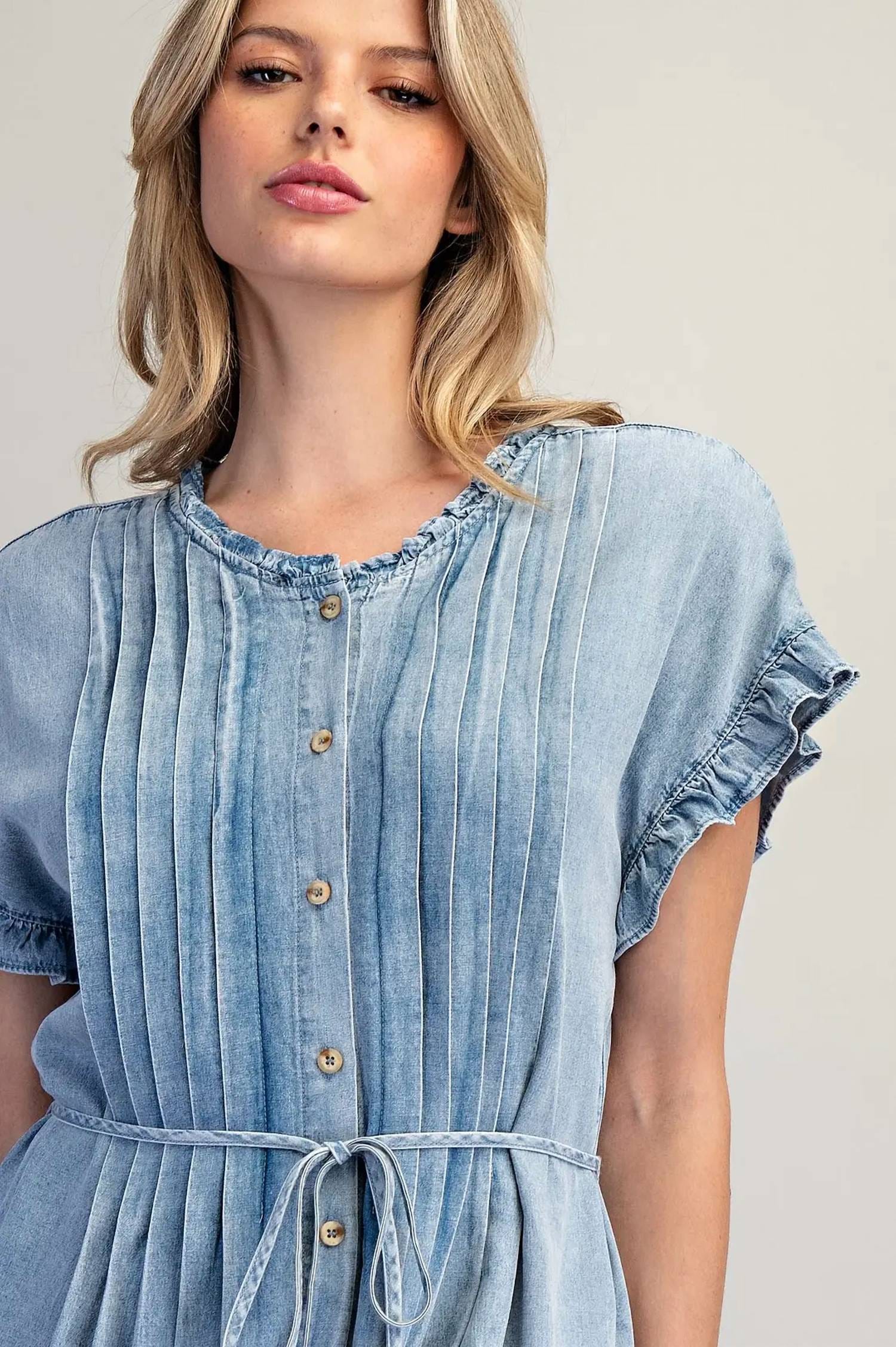 Blue Pleated Denim Dress In Blue