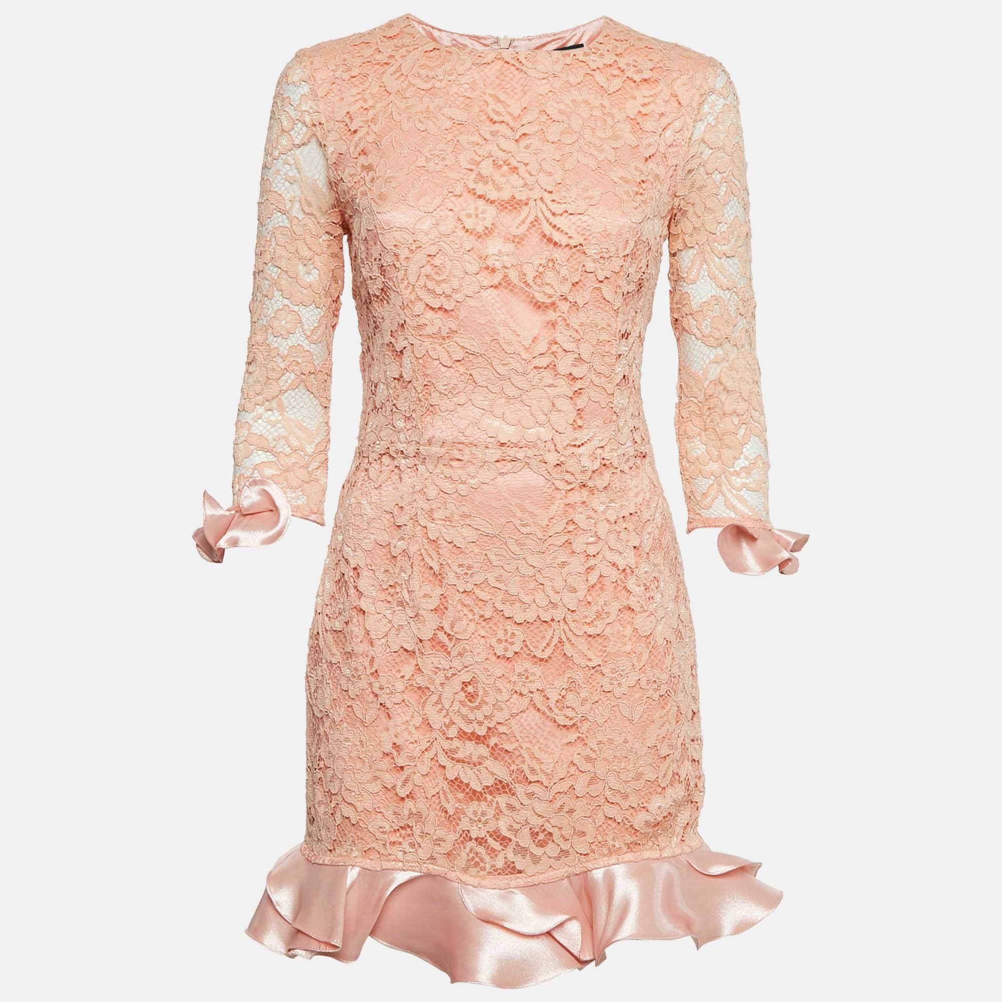 And Pink Lace And Satin Ruffled Mini Dress