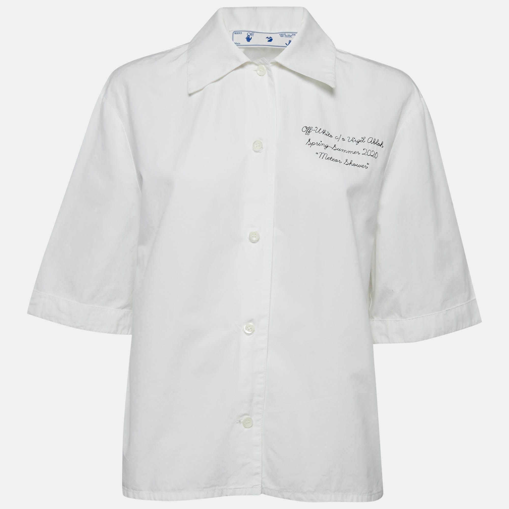 White Embroidered Cotton Short Sleeves Shirt
